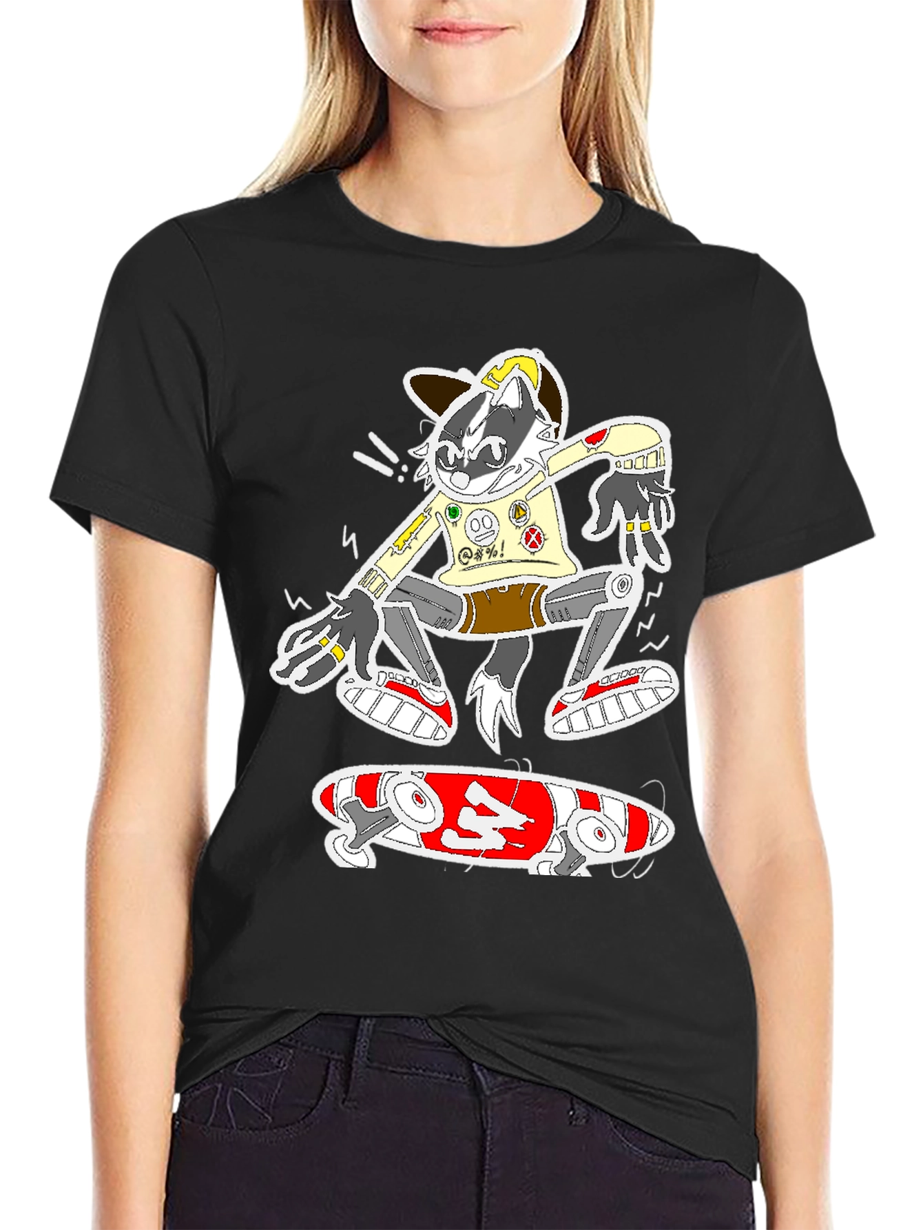 Skater Raccoon Graphic Tee - Black Cotton Blend