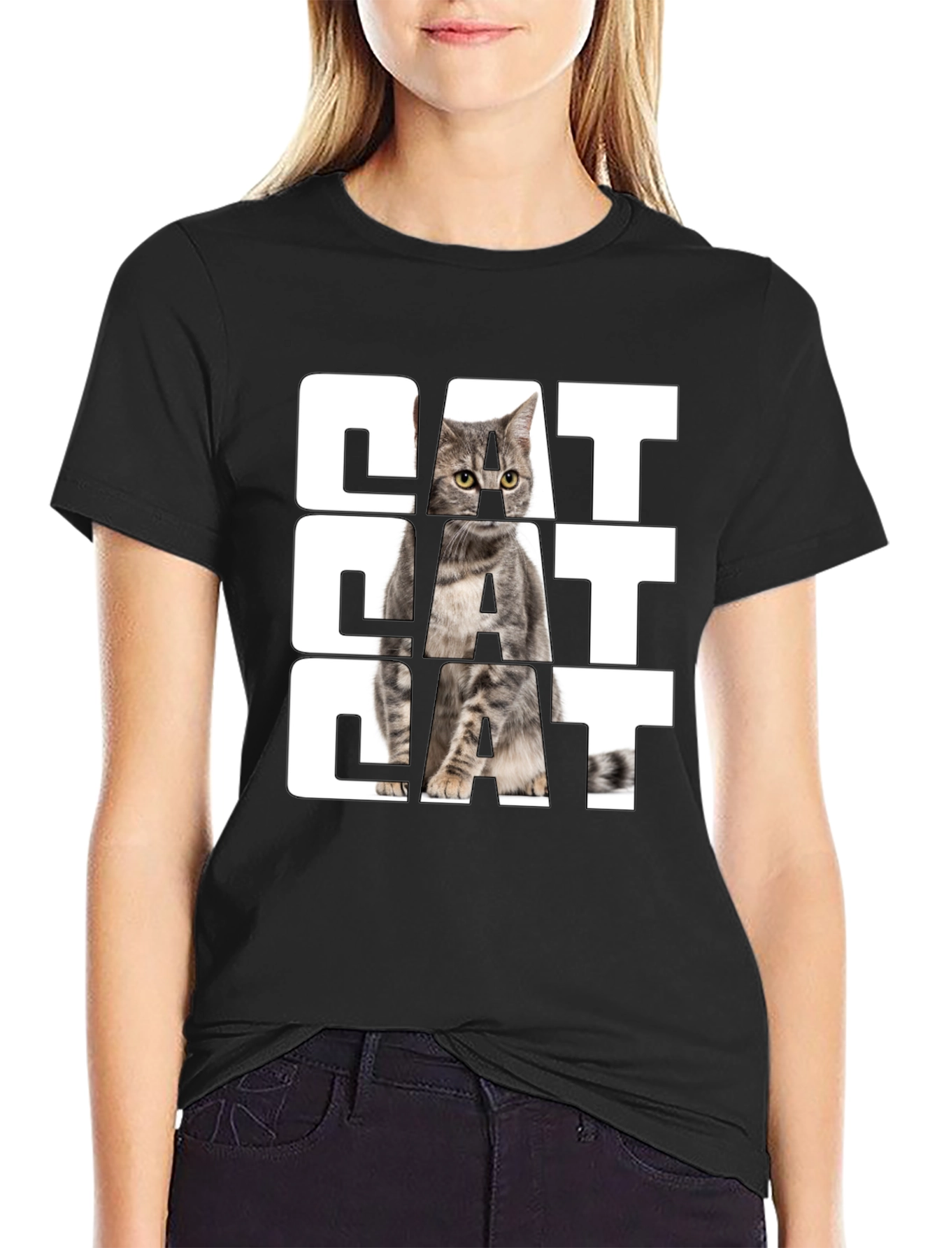 Cat Graphic Print Black T-Shirt