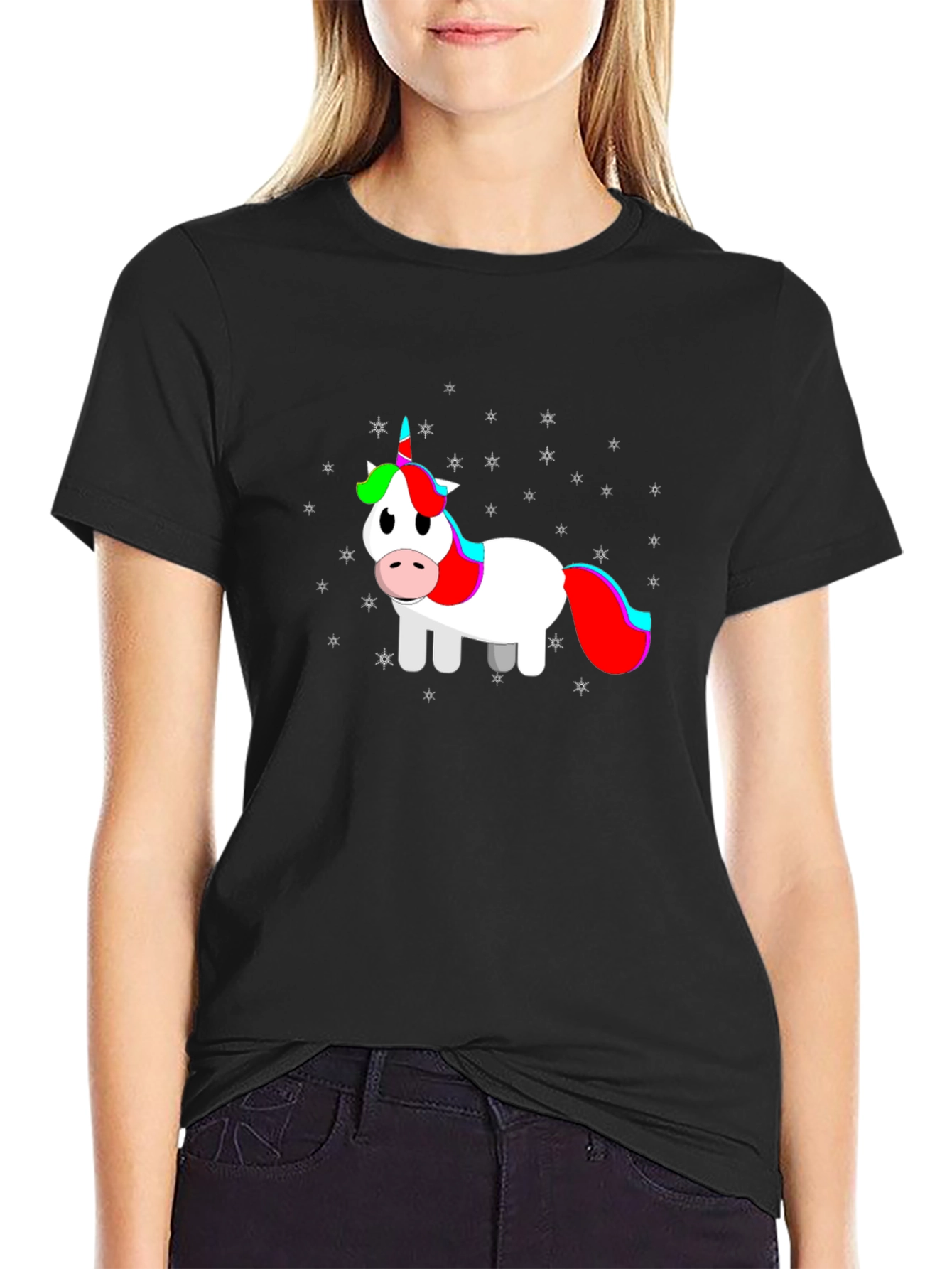 Cartoon Unicorn Black T-Shirt