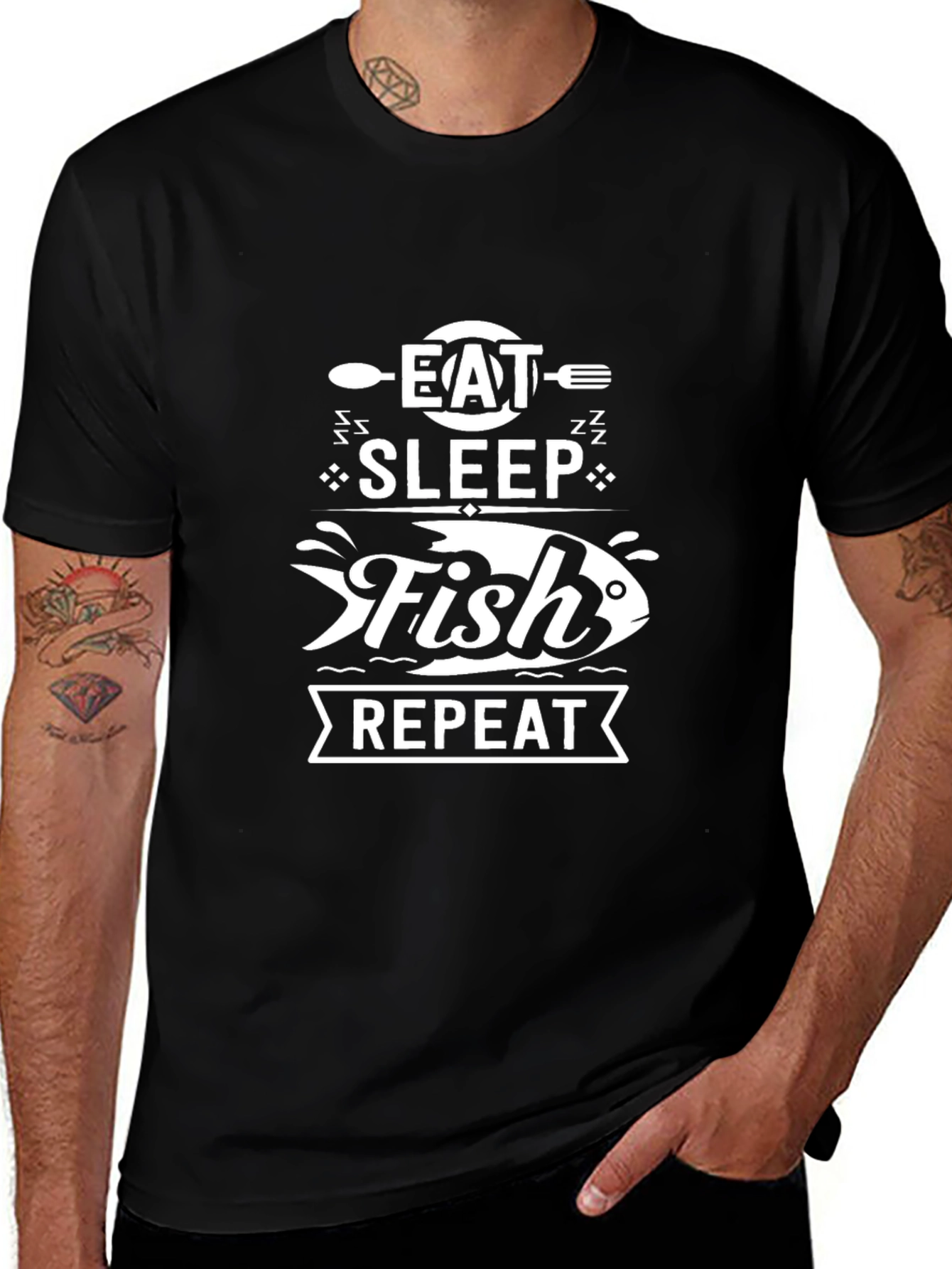Eat Sleep Fish Repeat Graphic Tee - Black