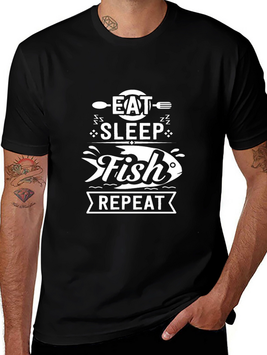 Eat Sleep Fish Repeat Graphic Tee - Black