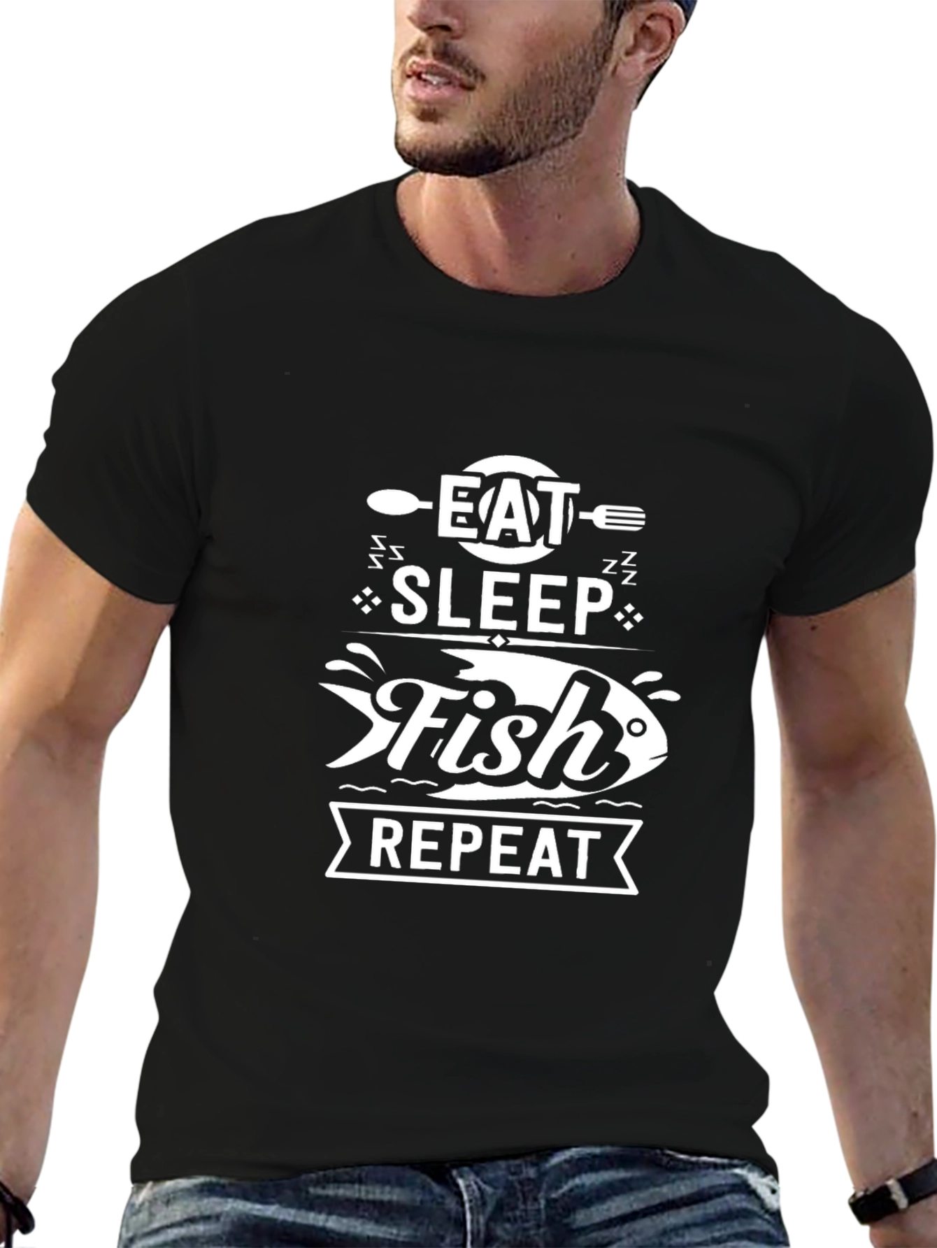 Eat Sleep Fish Repeat Graphic Tee - Black