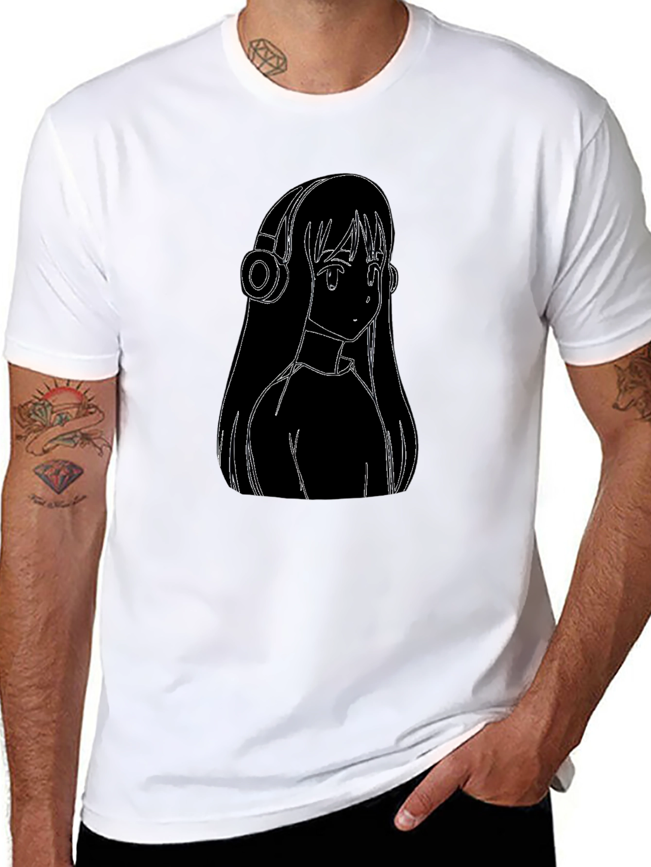 Anime Girl Headphones Graphic Black Tee