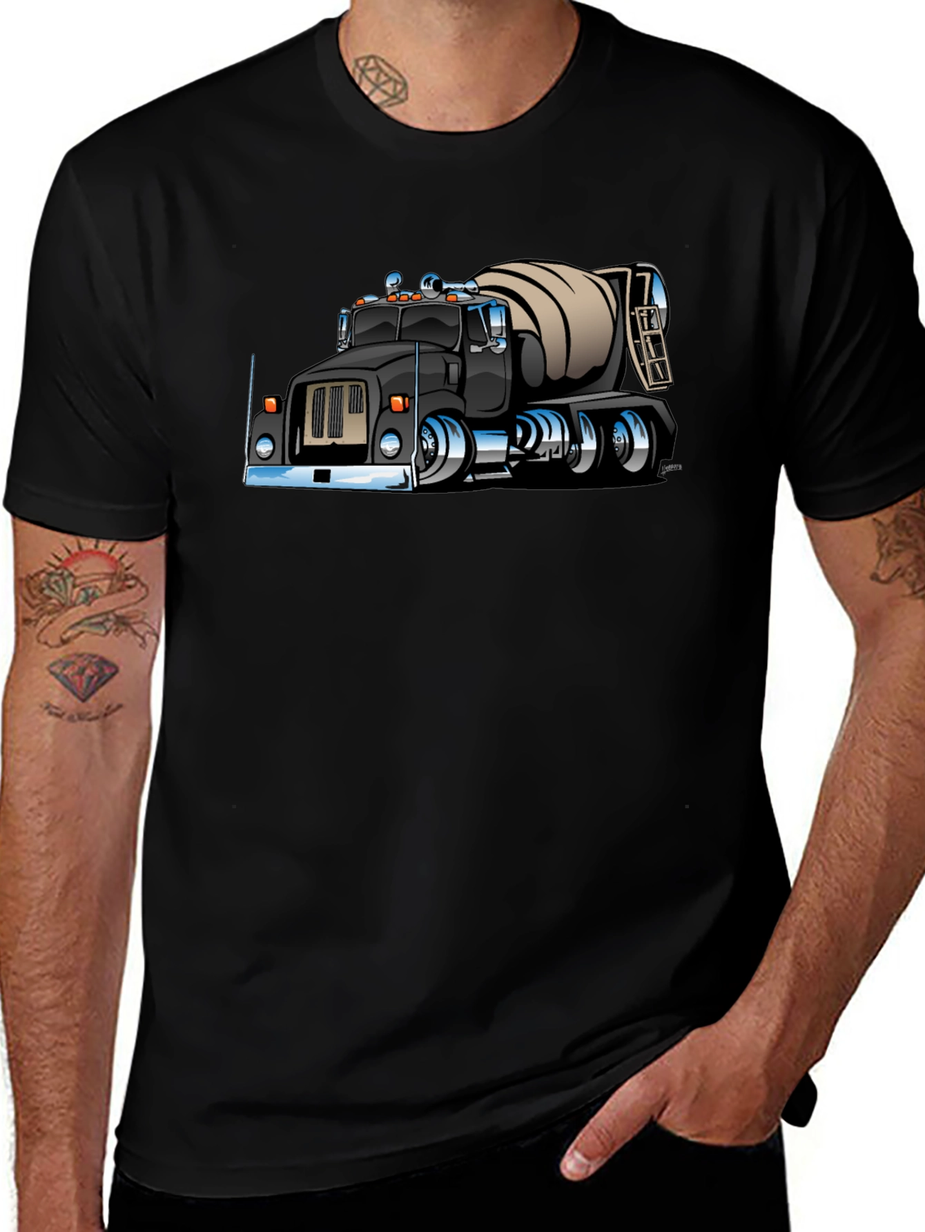 Cartoon Cement Truck Black T-Shirt