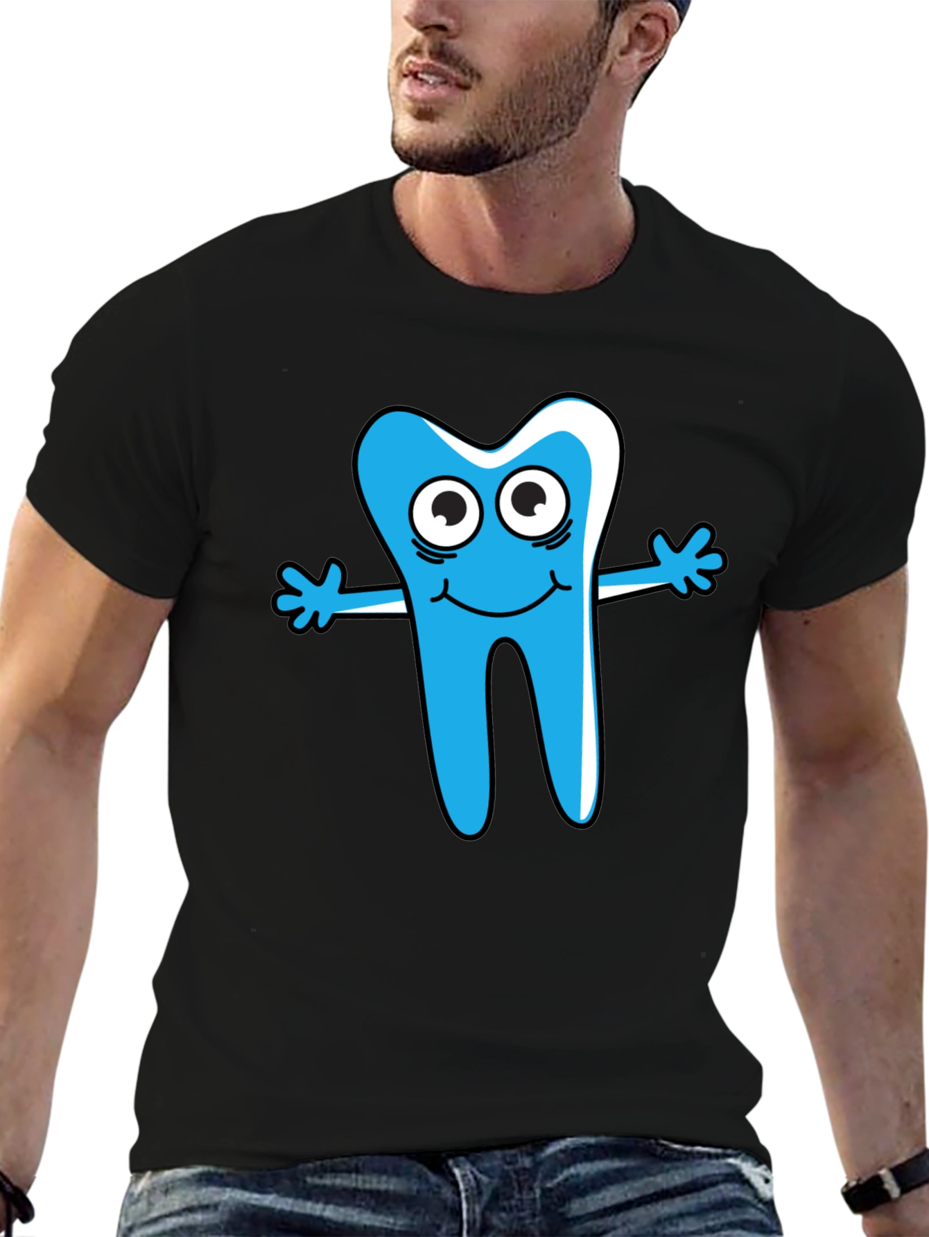 Cartoon Tooth Graphic Tee - Black Cotton Shirt