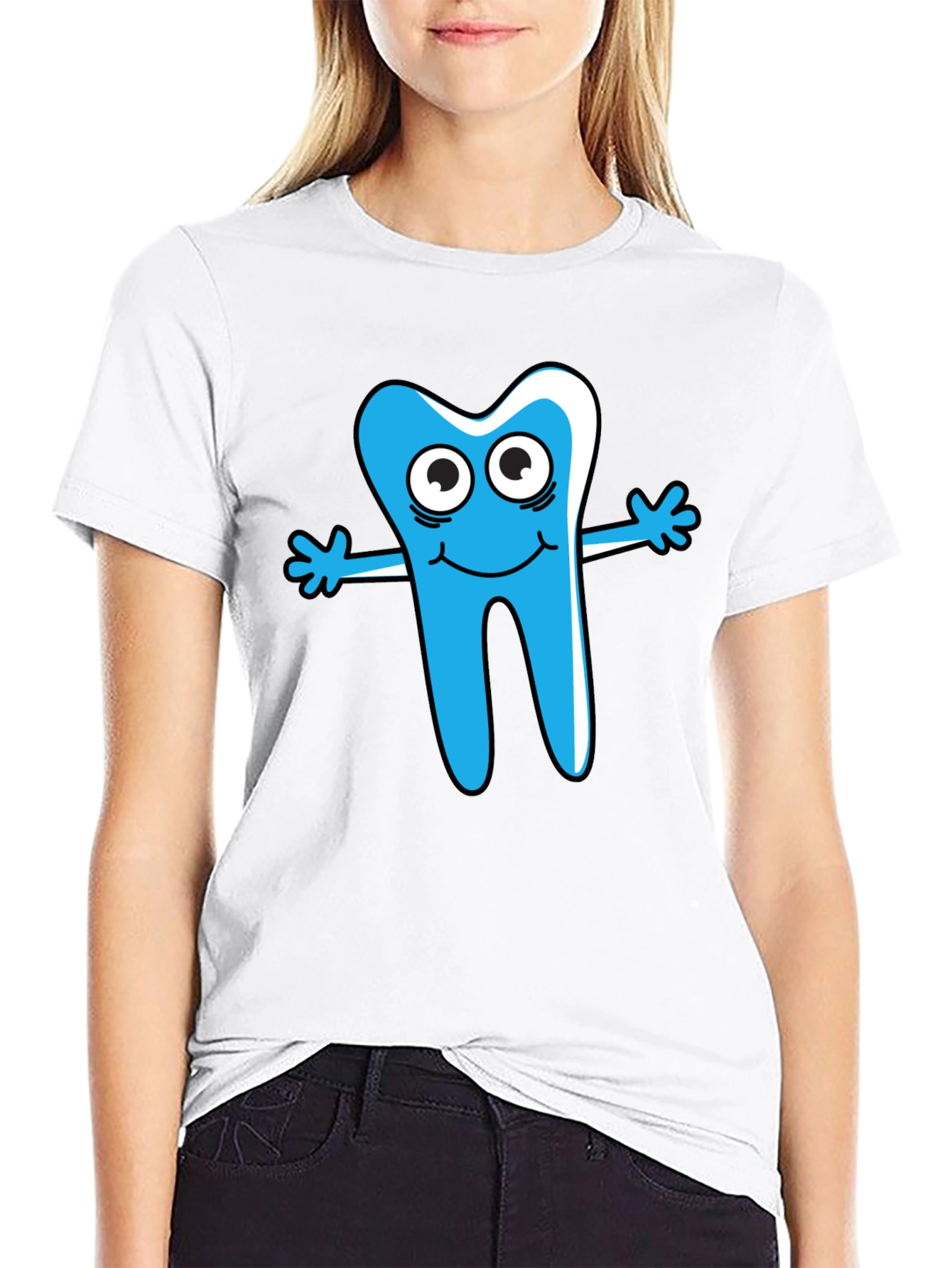 Cartoon Tooth Graphic Tee - Black Cotton Shirt