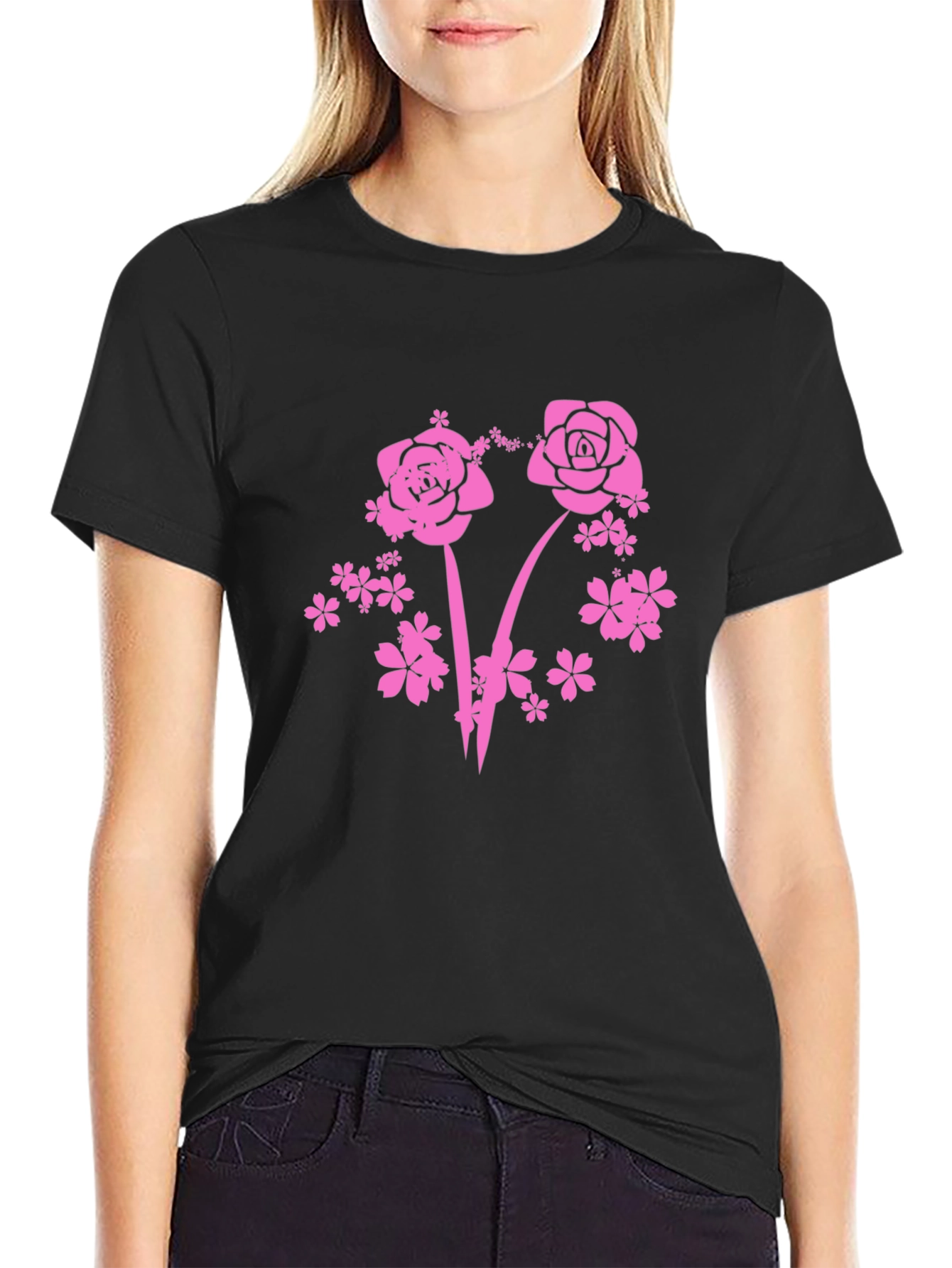 Floral Pink Rose Graphic T-Shirt - Black