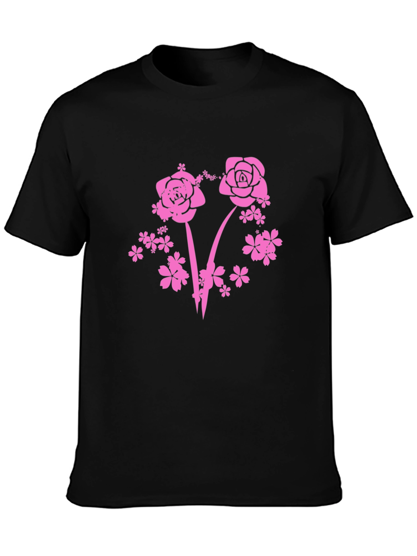Floral Pink Rose Graphic T-Shirt - Black