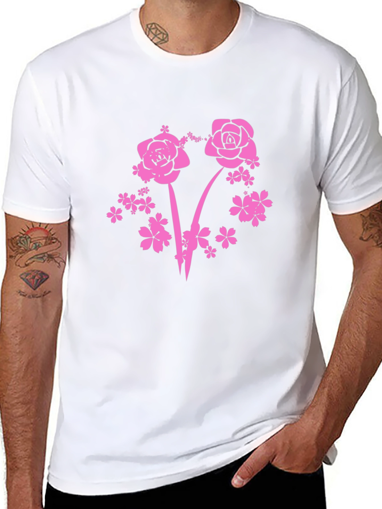 Floral Pink Rose Graphic T-Shirt - Black