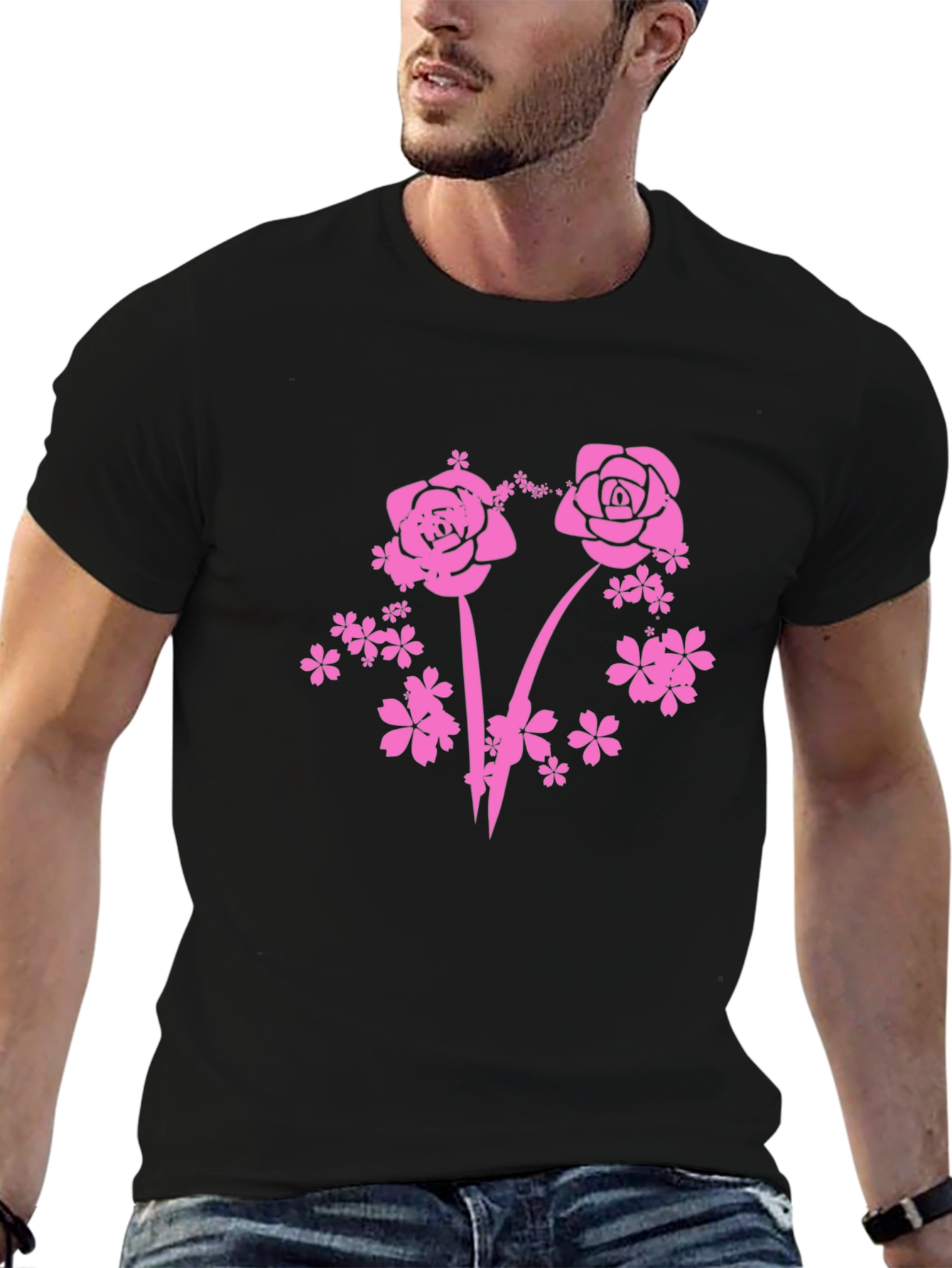 Floral Pink Rose Graphic T-Shirt - Black