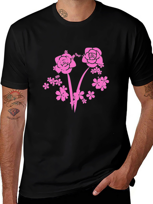 Floral Pink Rose Graphic T-Shirt - Black
