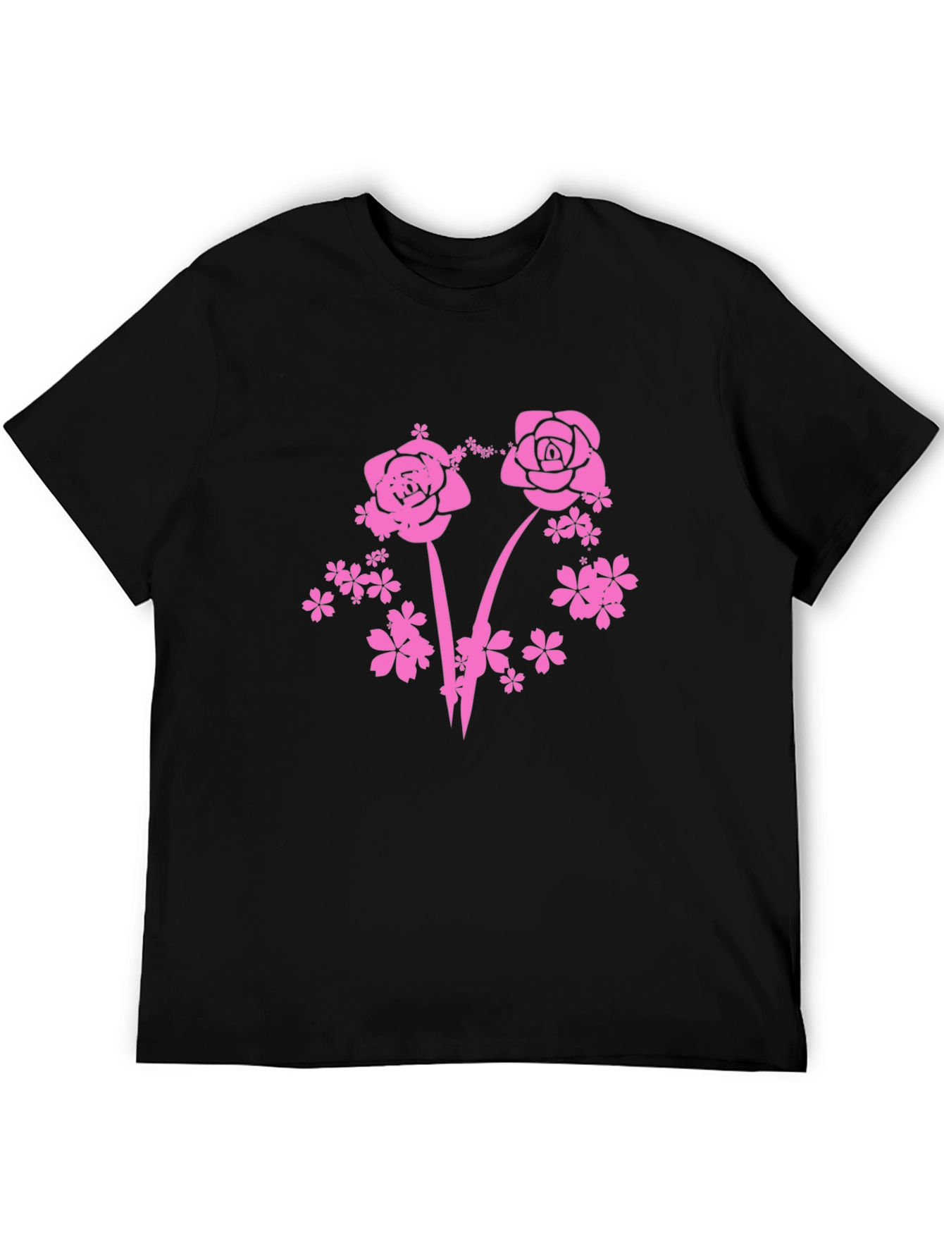 Floral Pink Rose Graphic T-Shirt - Black
