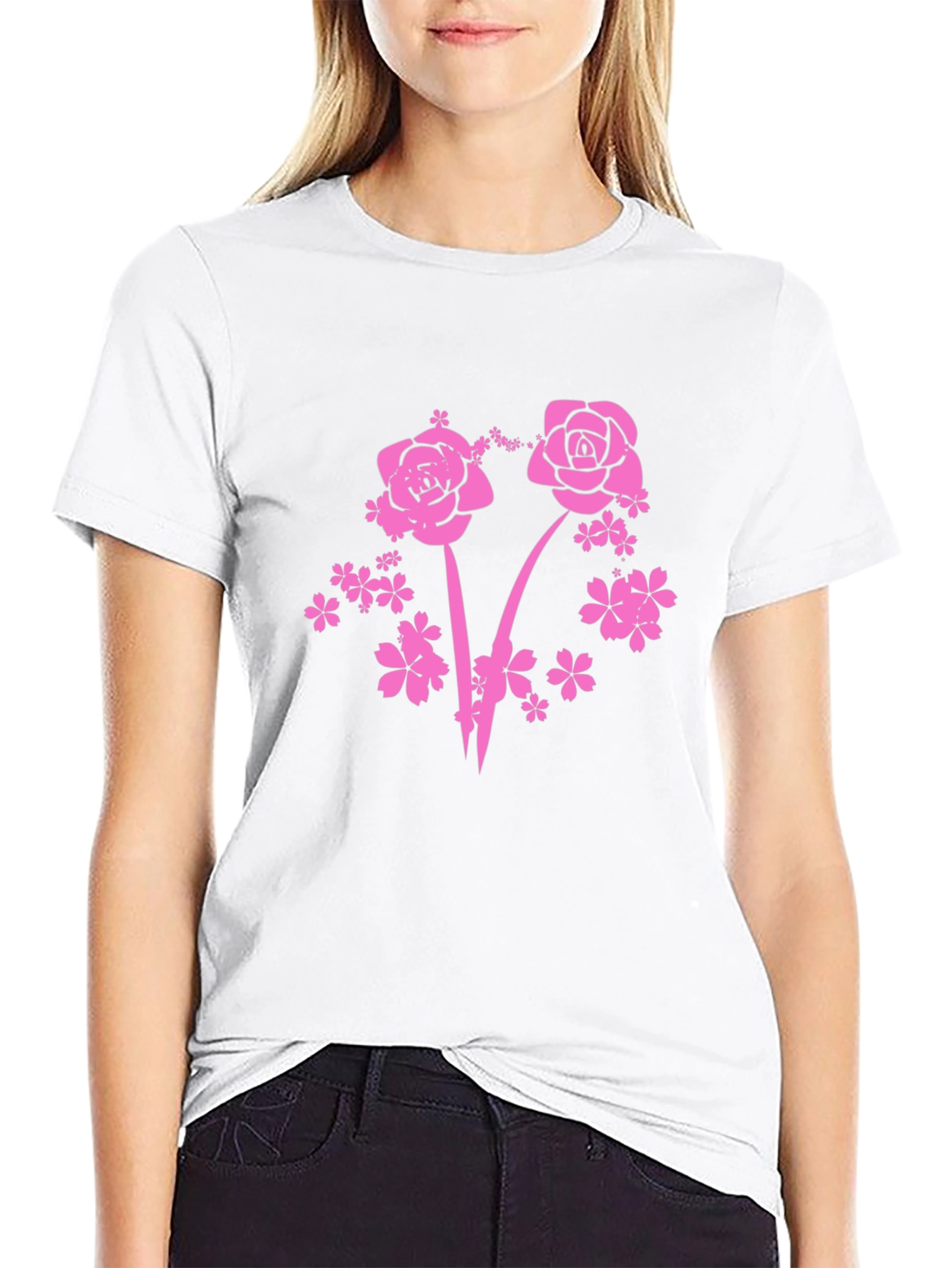 Floral Pink Rose Graphic T-Shirt - Black