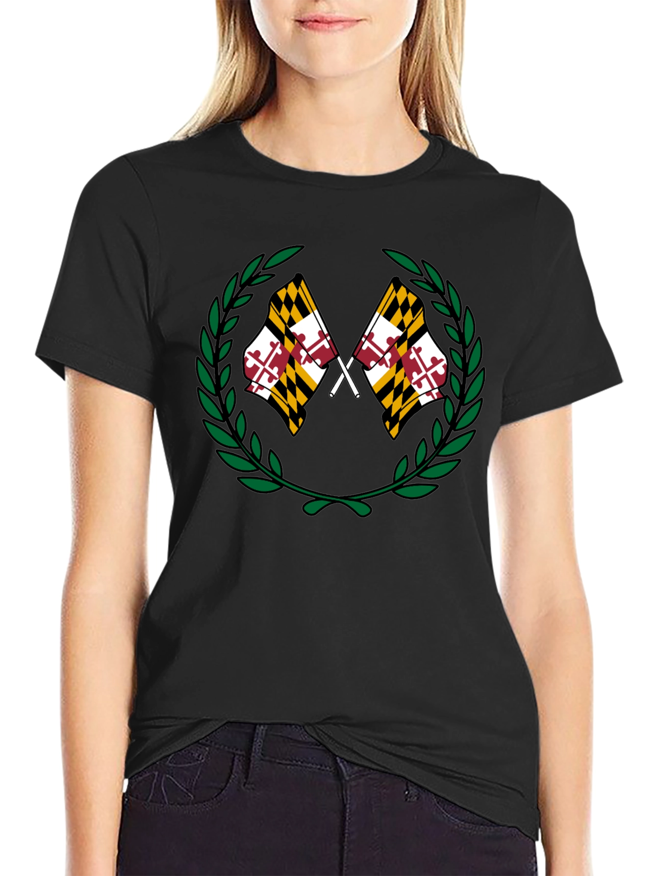Maryland Flag Laurel Wreath Black T-Shirt