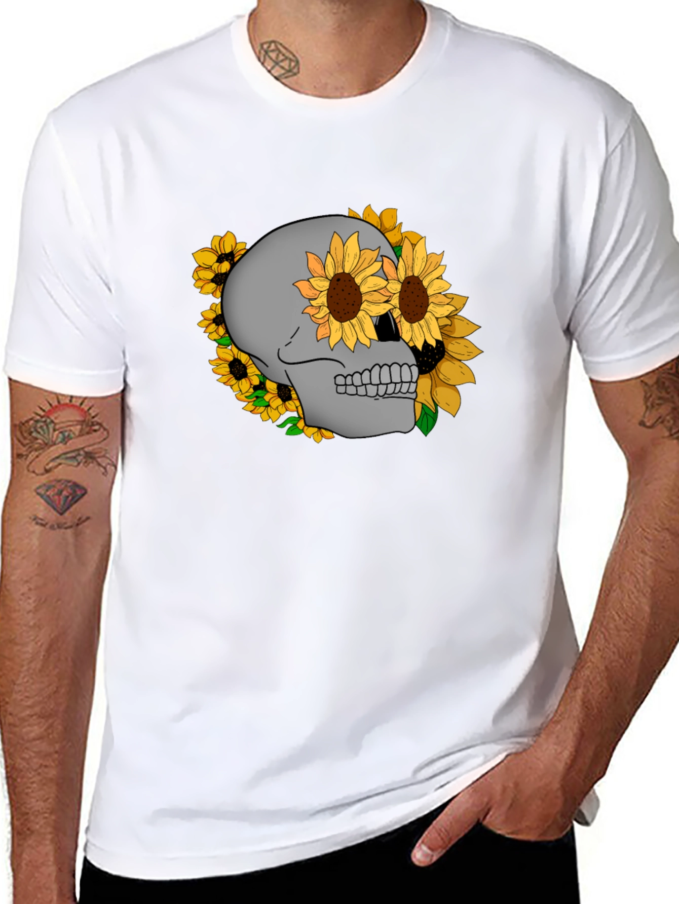 Skull & Sunflower Graphic Tee - Stylish Black T-Shirt