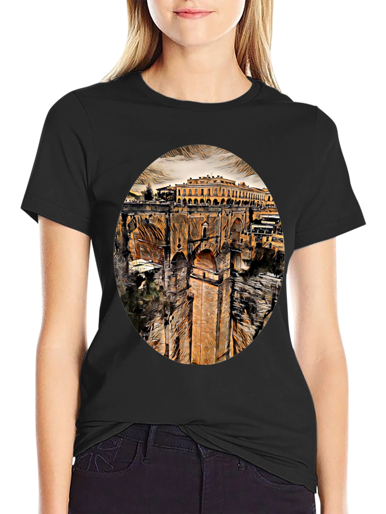 Ronda Spain Landmark Art Black T-Shirt