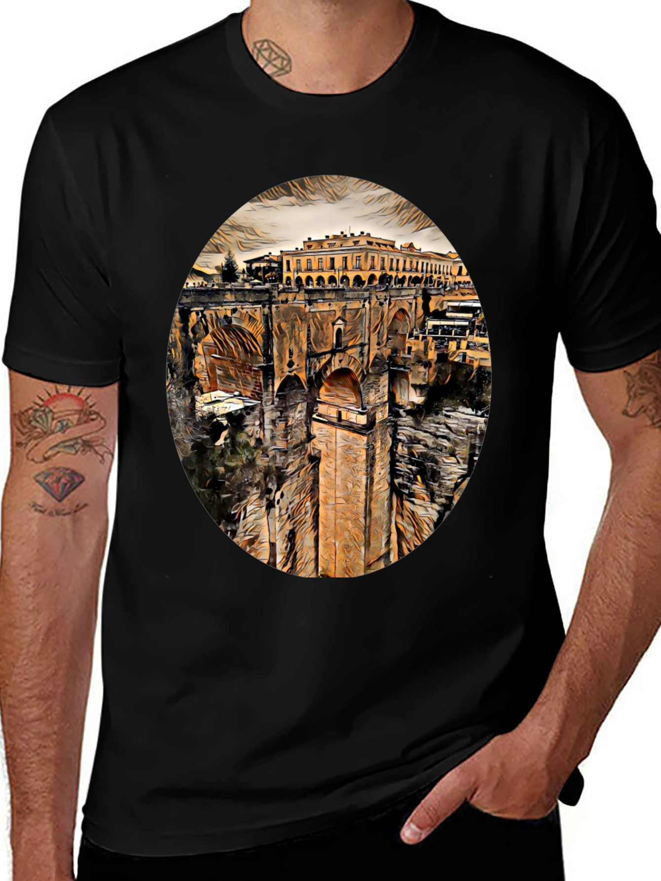 Ronda Spain Landmark Art Black T-Shirt