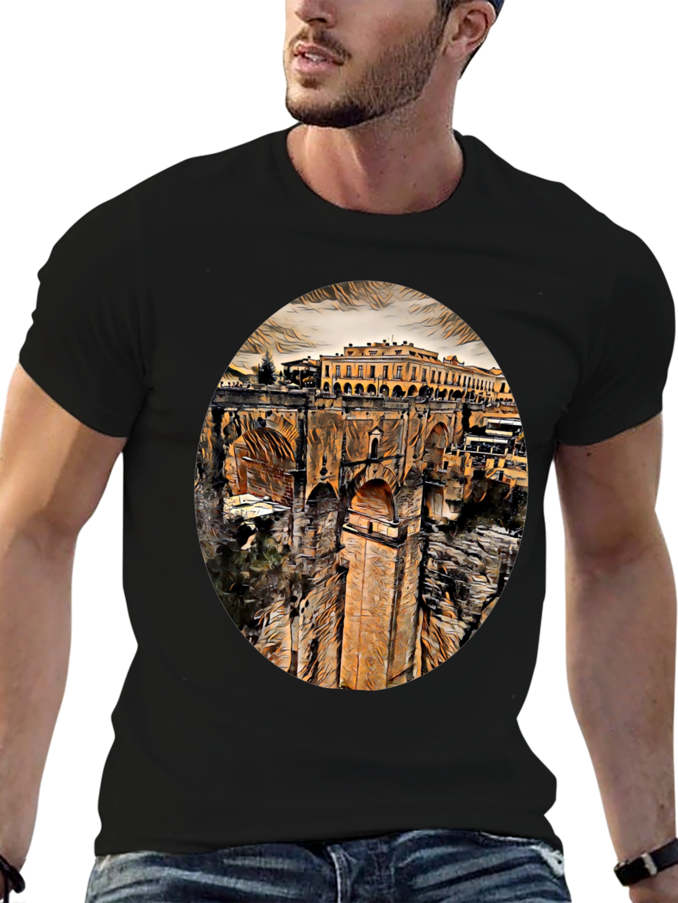 Ronda Spain Landmark Art Black T-Shirt