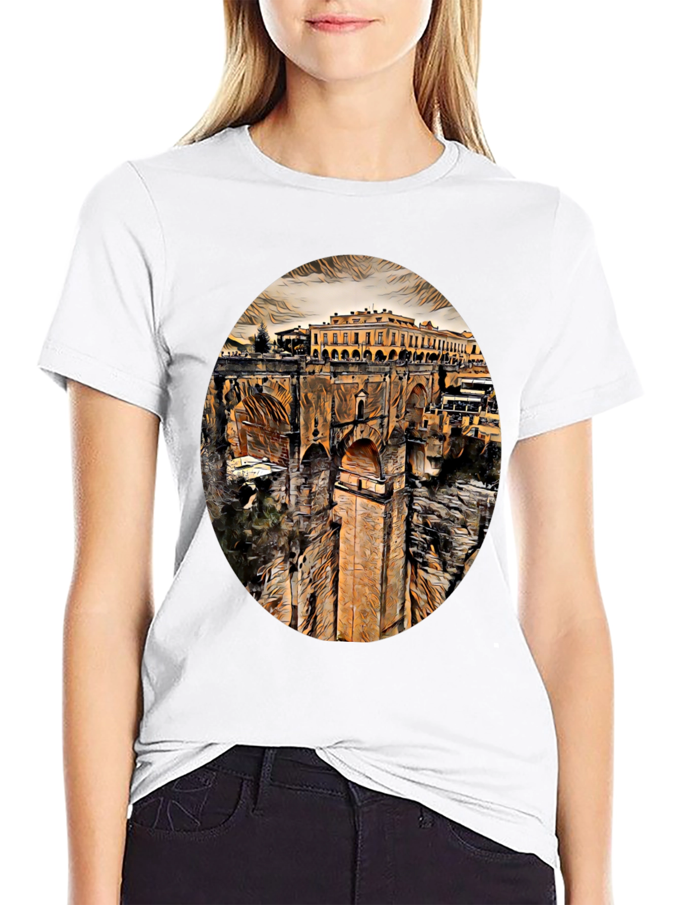 Ronda Spain Landmark Art Black T-Shirt