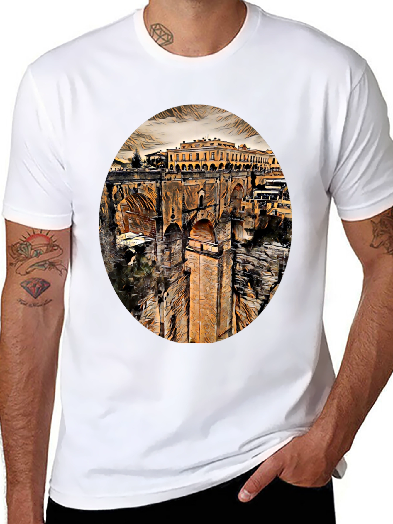 Ronda Spain Landmark Art Black T-Shirt