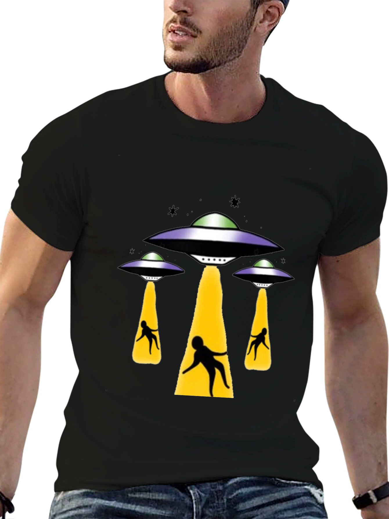 UFO Abduction Graphic T-Shirt - Black Cotton Tee