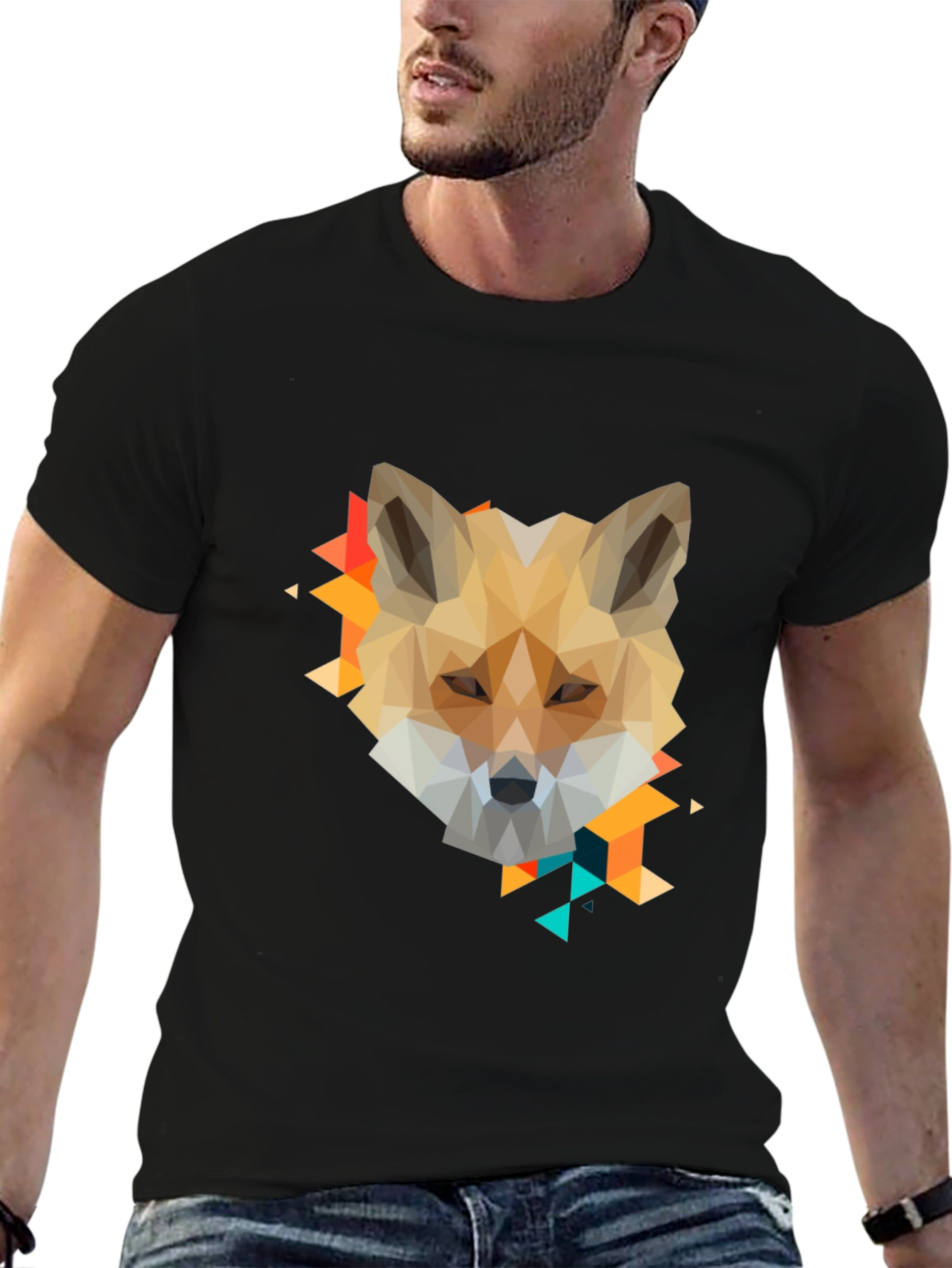 Geometric Fox Graphic Print Black T-Shirt