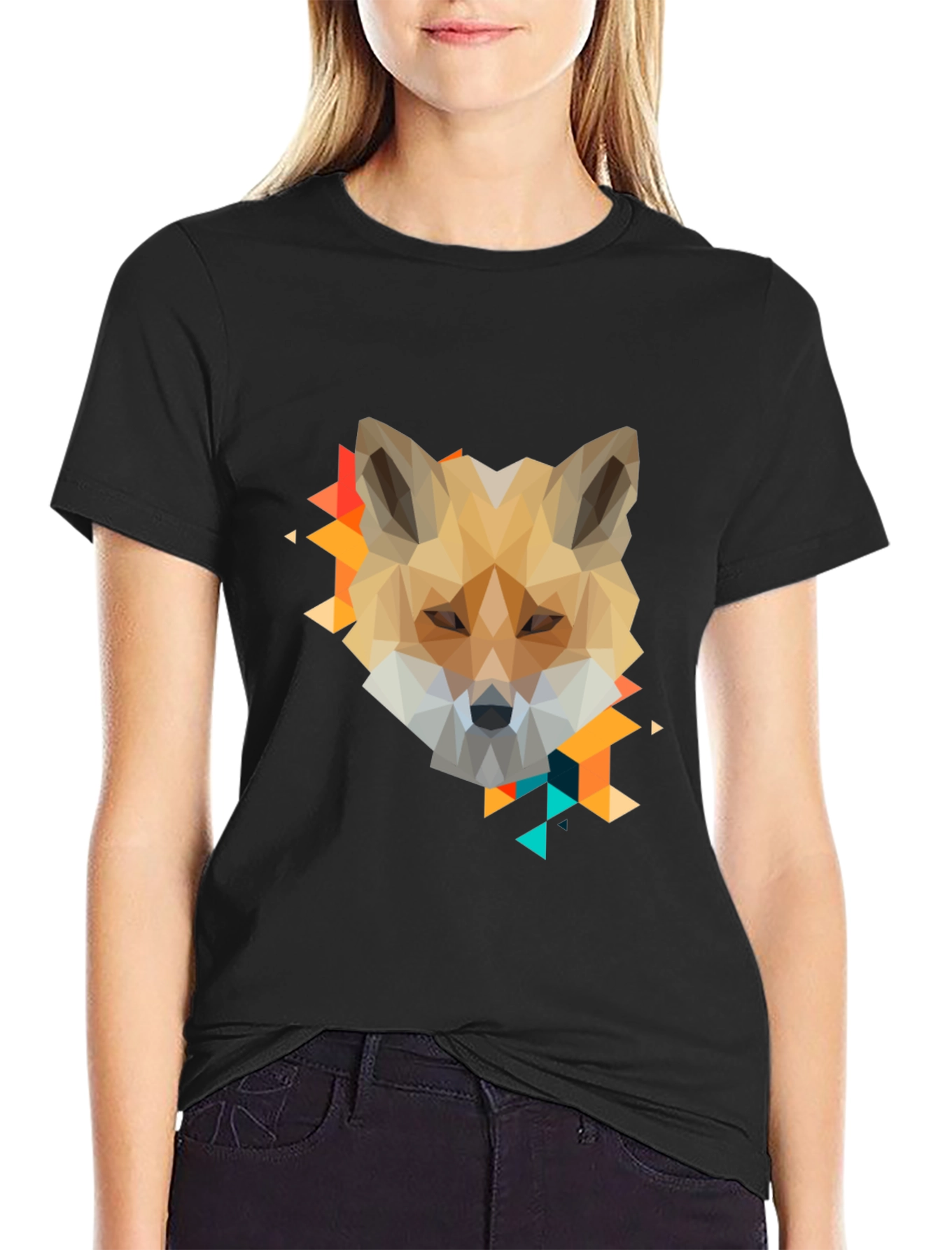 Geometric Fox Graphic Print Black T-Shirt
