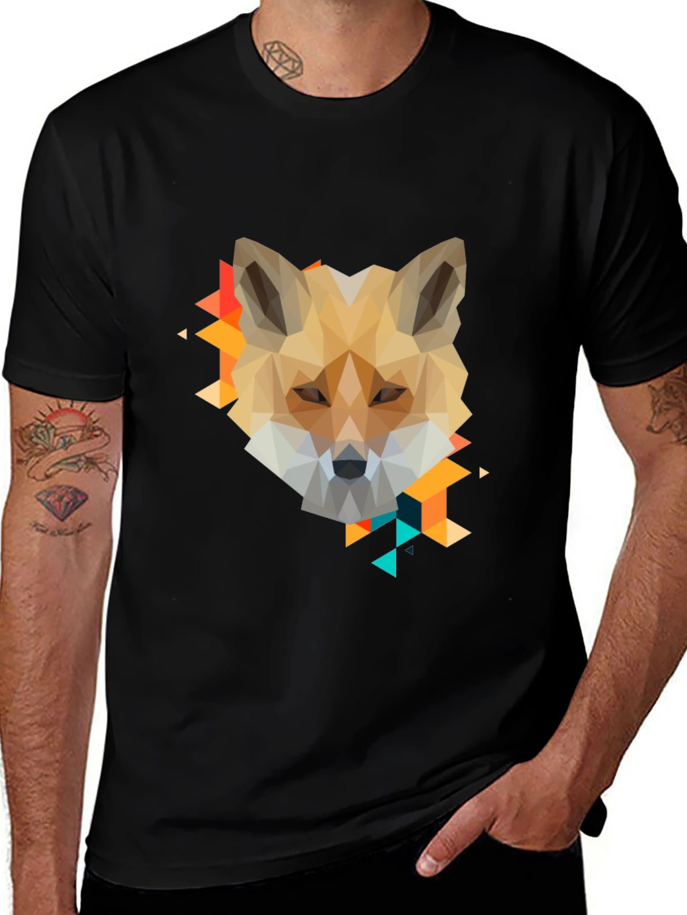 Geometric Fox Graphic Print Black T-Shirt