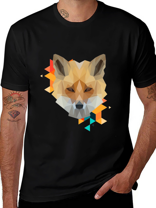 Geometric Fox Graphic Print Black T-Shirt