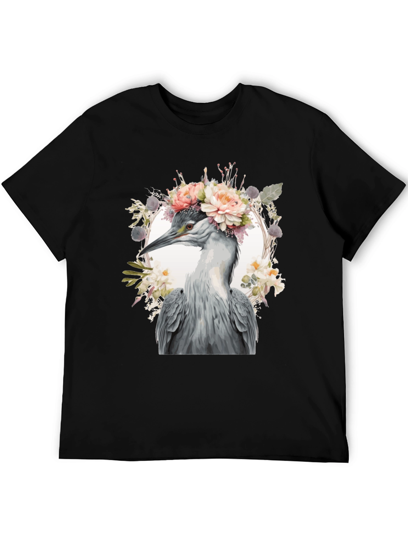 Floral Heron Graphic Tee - Unique Nature Design
