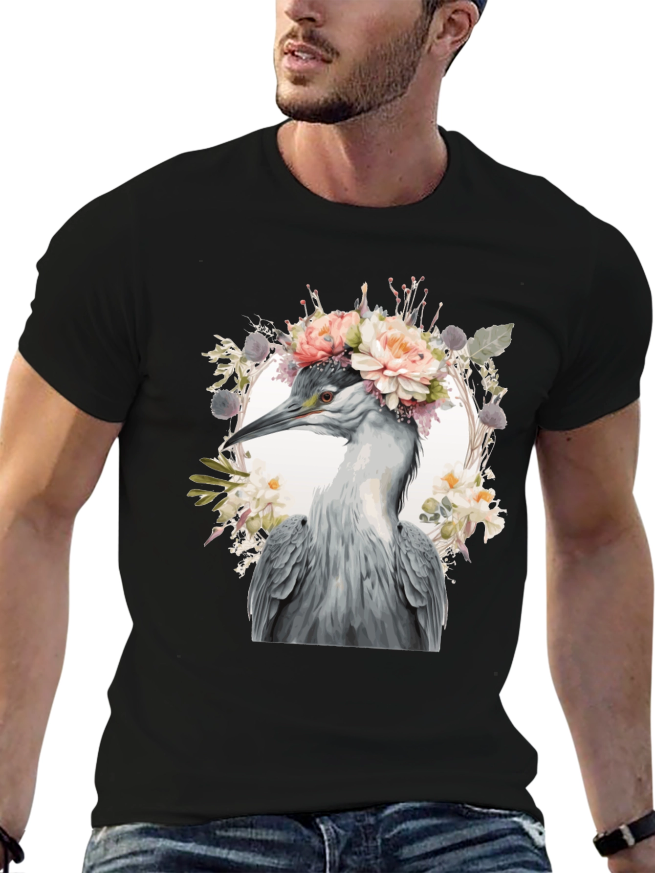 Floral Heron Graphic Tee - Unique Nature Design