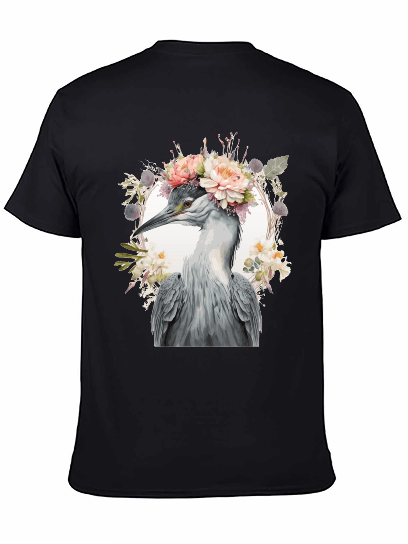Floral Heron Graphic Tee - Unique Nature Design