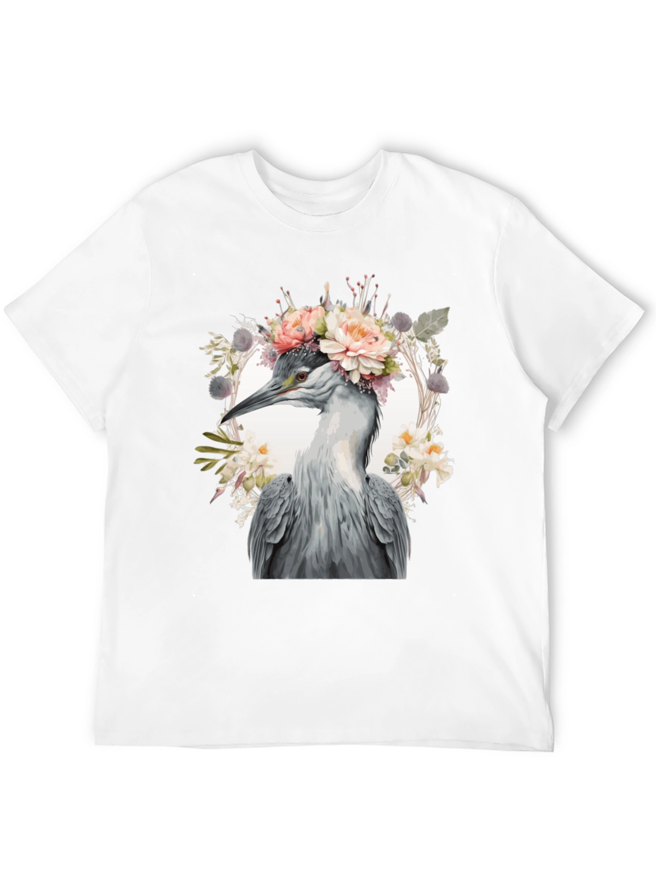 Floral Heron Graphic Tee - Unique Nature Design