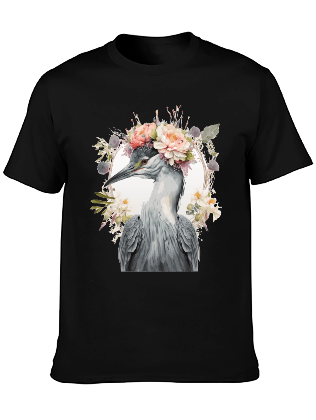 Floral Heron Graphic Tee - Unique Nature Design