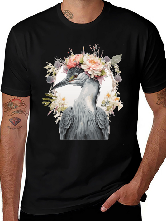 Floral Heron Graphic Tee - Unique Nature Design