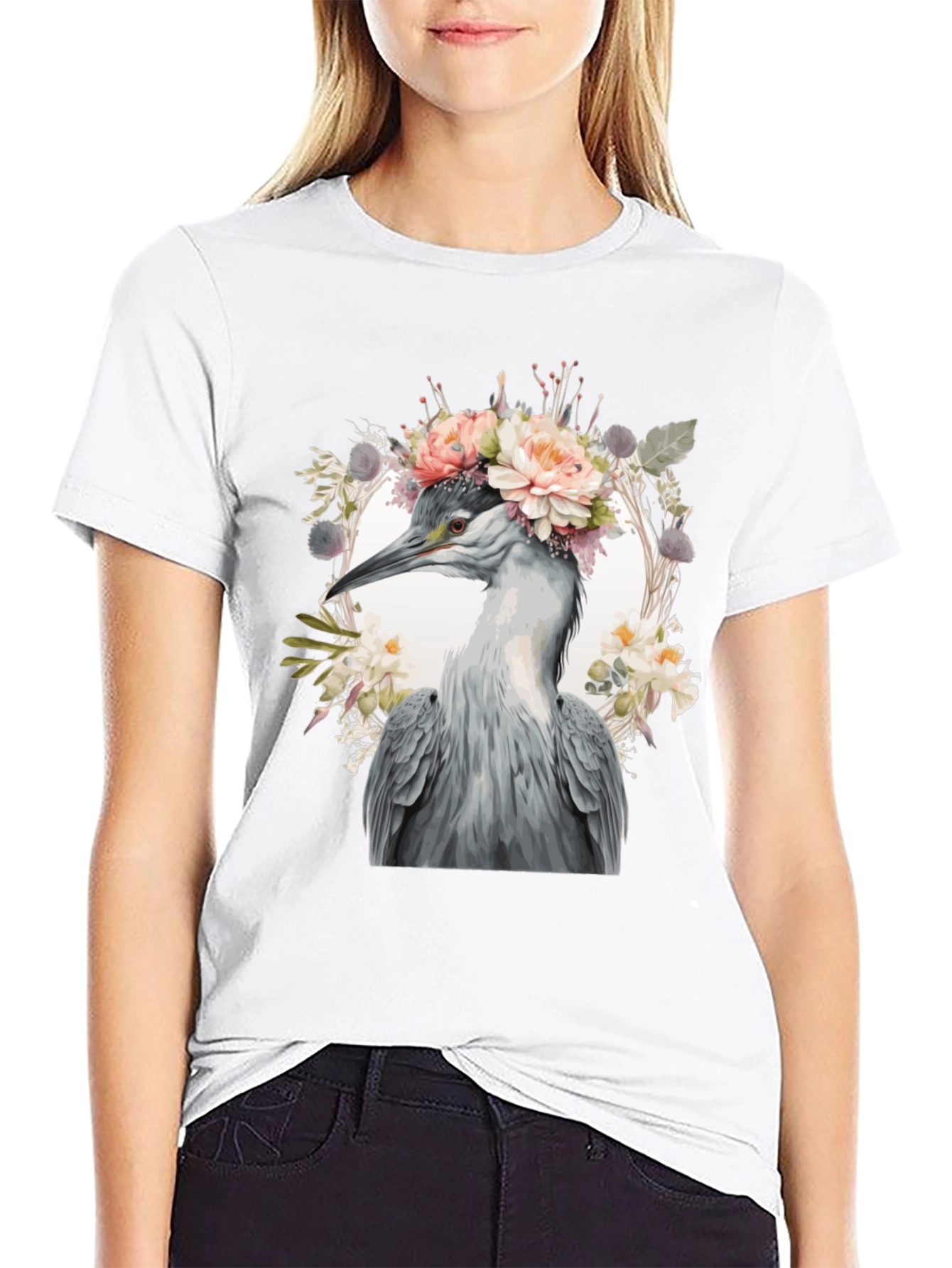 Floral Heron Graphic Tee - Unique Nature Design