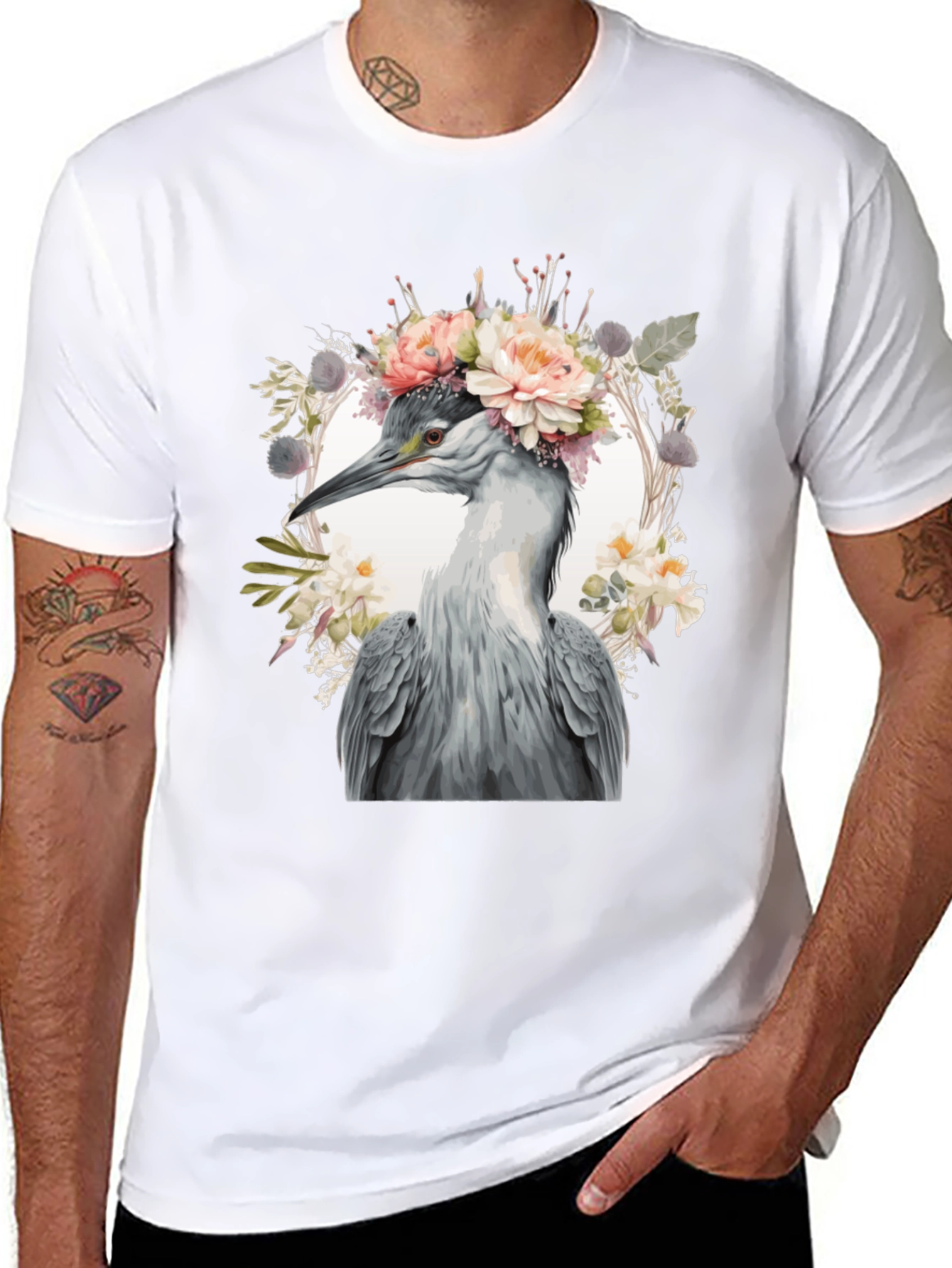 Floral Heron Graphic Tee - Unique Nature Design