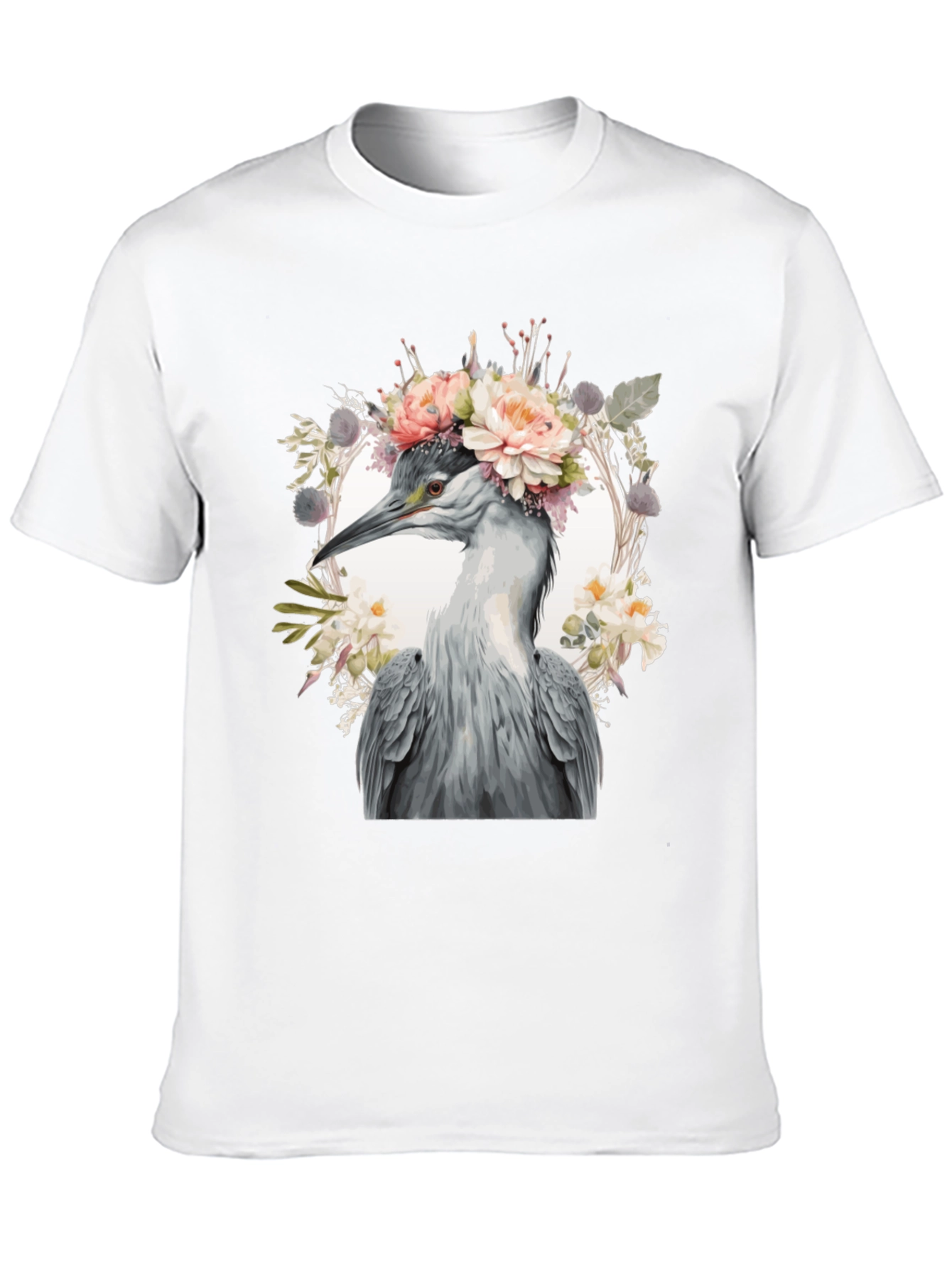 Floral Heron Graphic Tee - Unique Nature Design