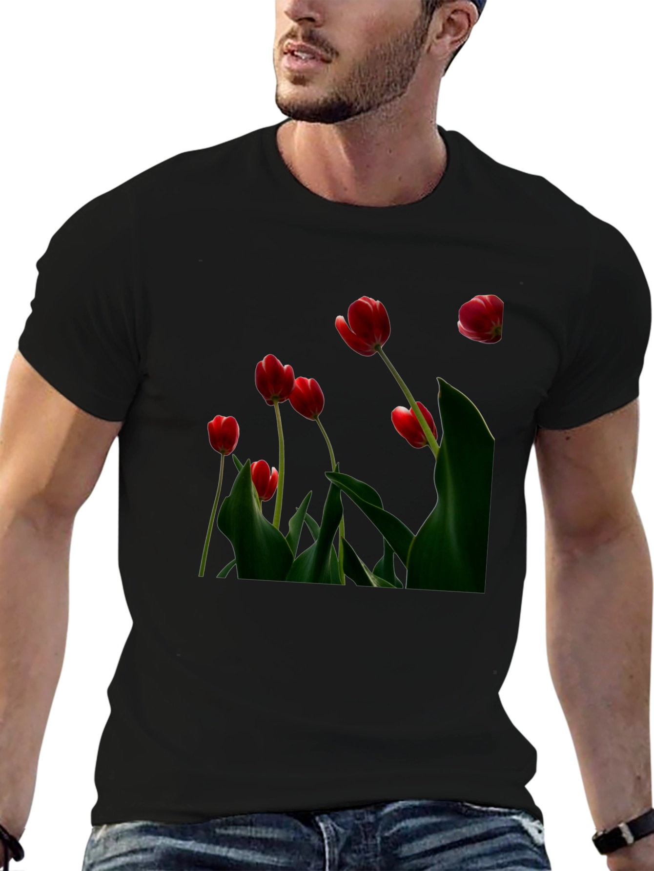 Red Tulip Print Black T-Shirt