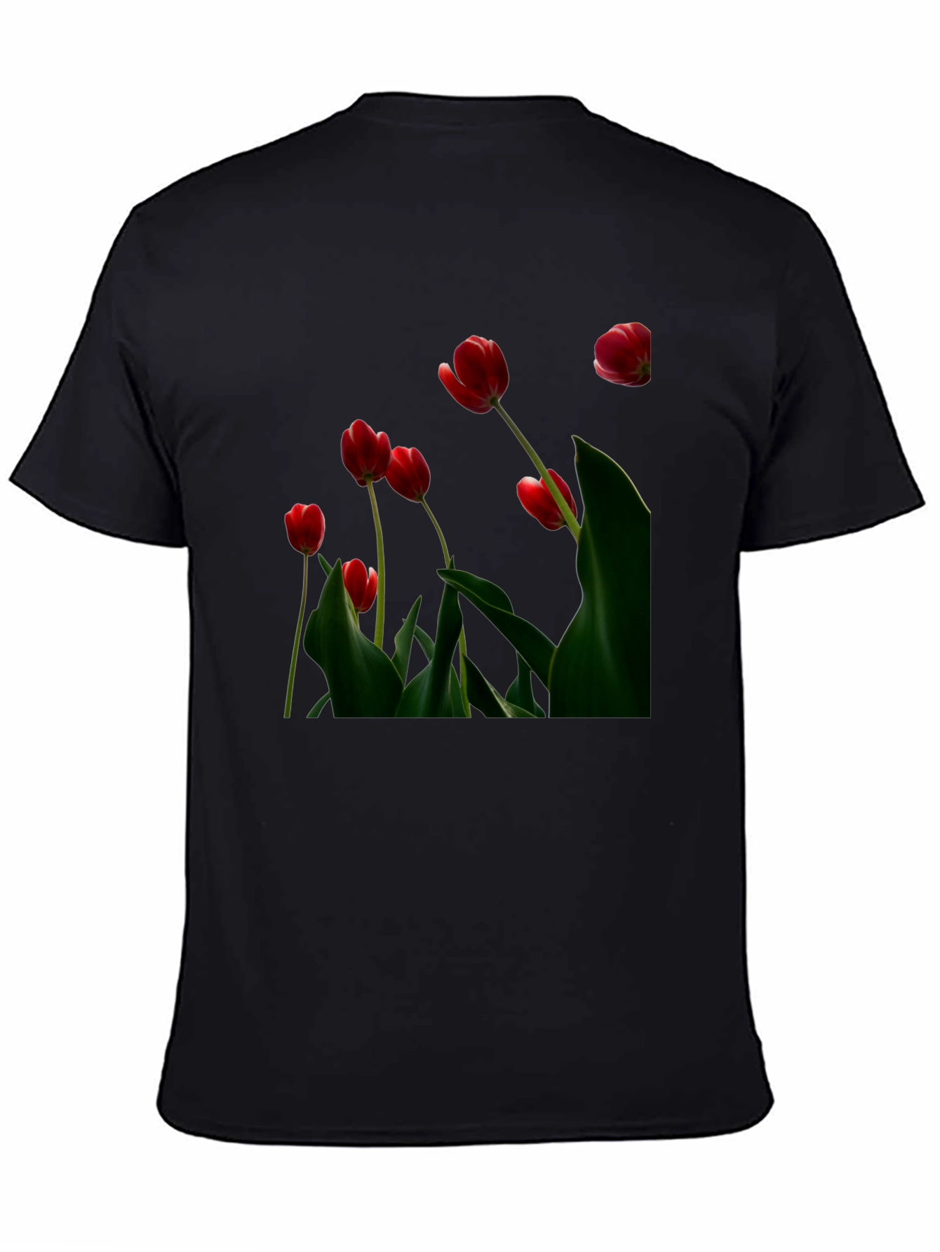 Red Tulip Print Black T-Shirt