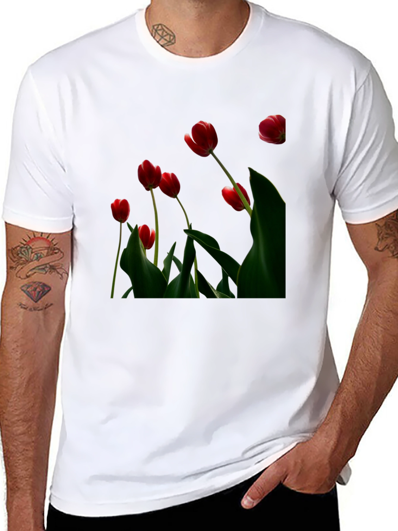 Red Tulip Print Black T-Shirt