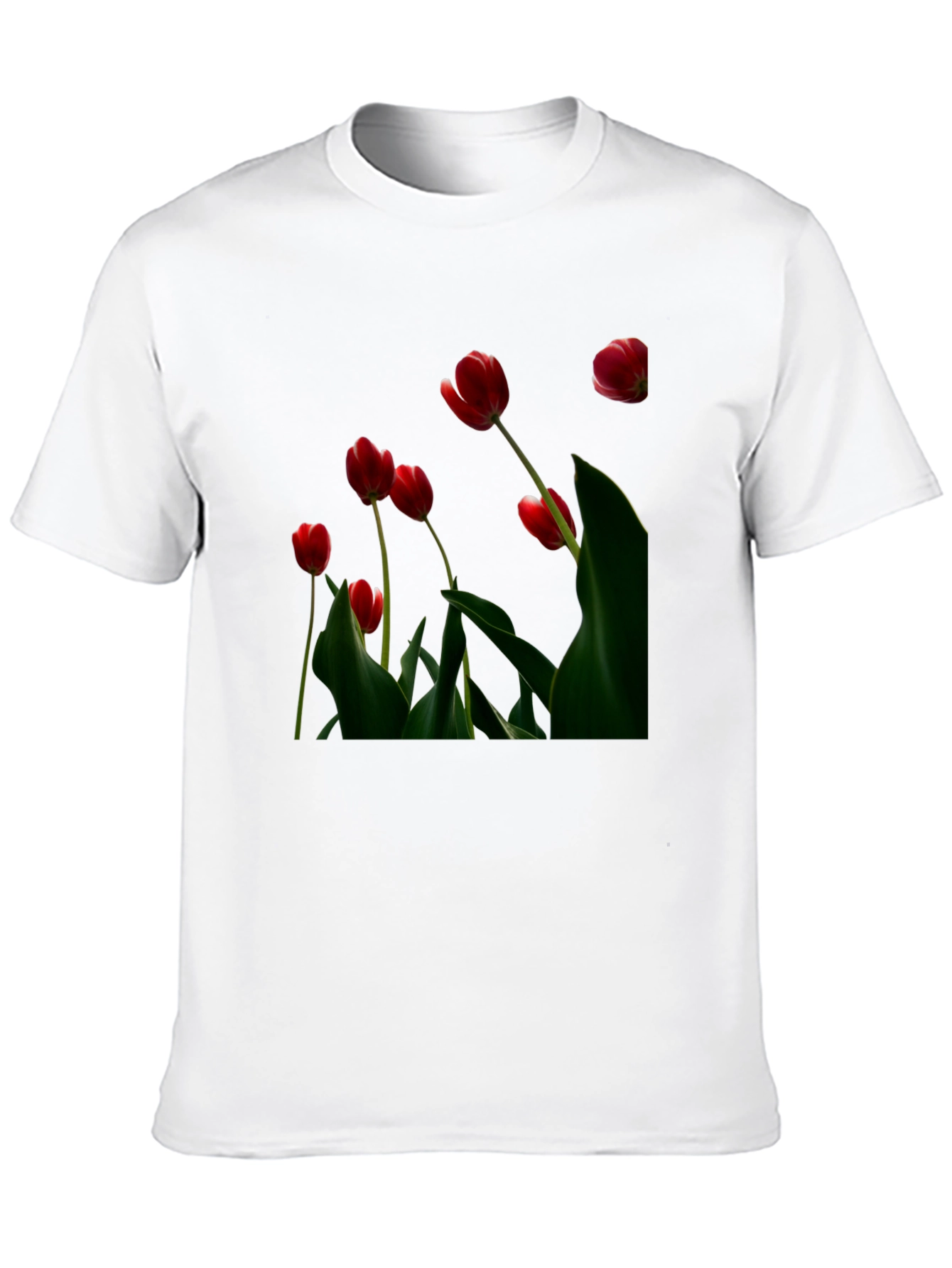 Red Tulip Print Black T-Shirt