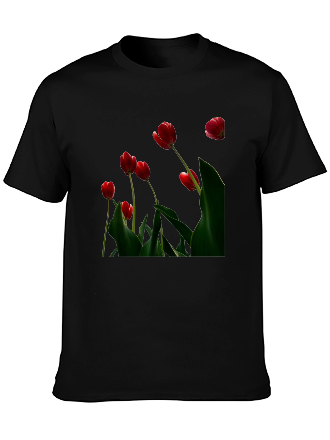 Red Tulip Print Black T-Shirt