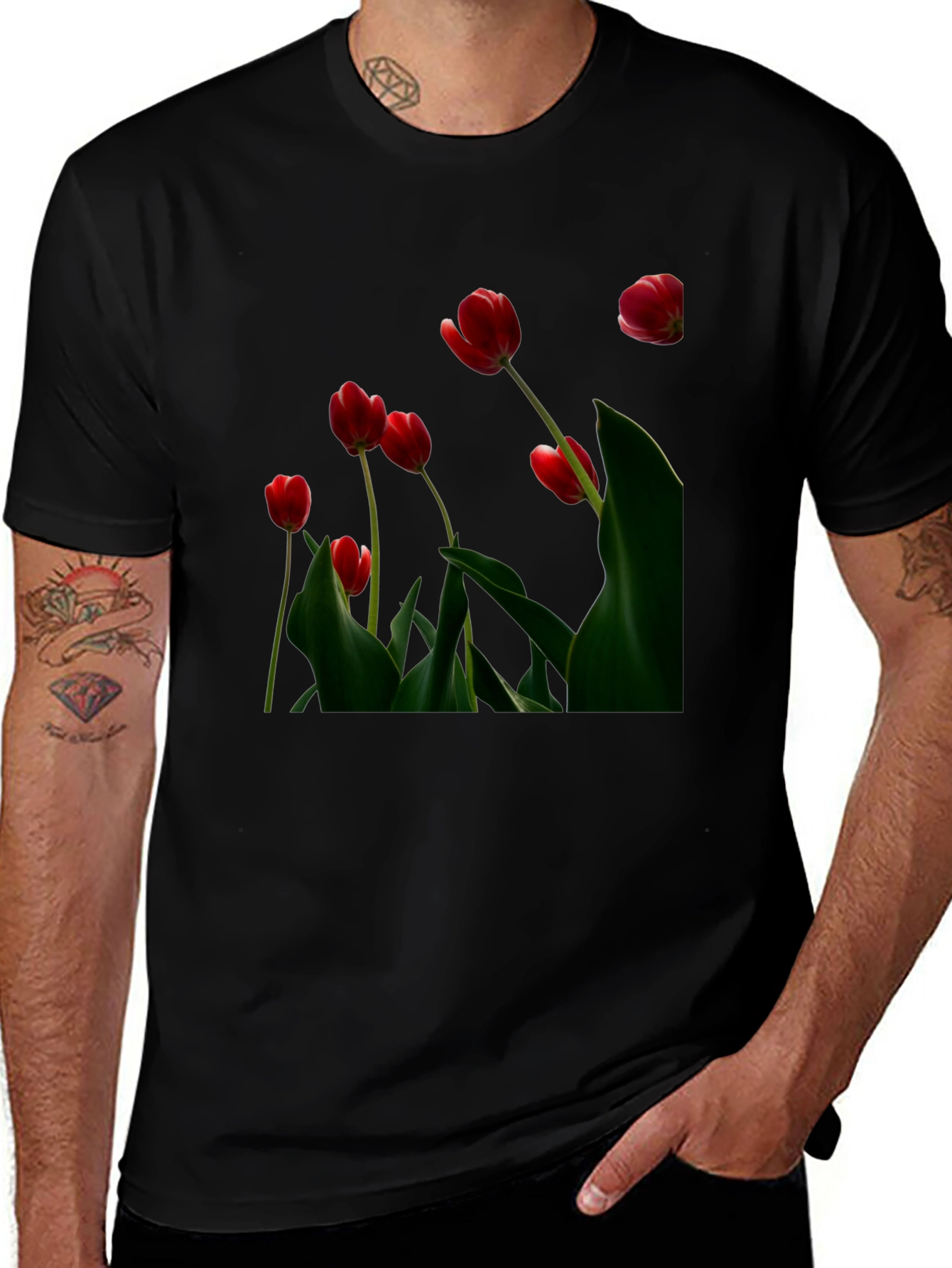 Red Tulip Print Black T-Shirt