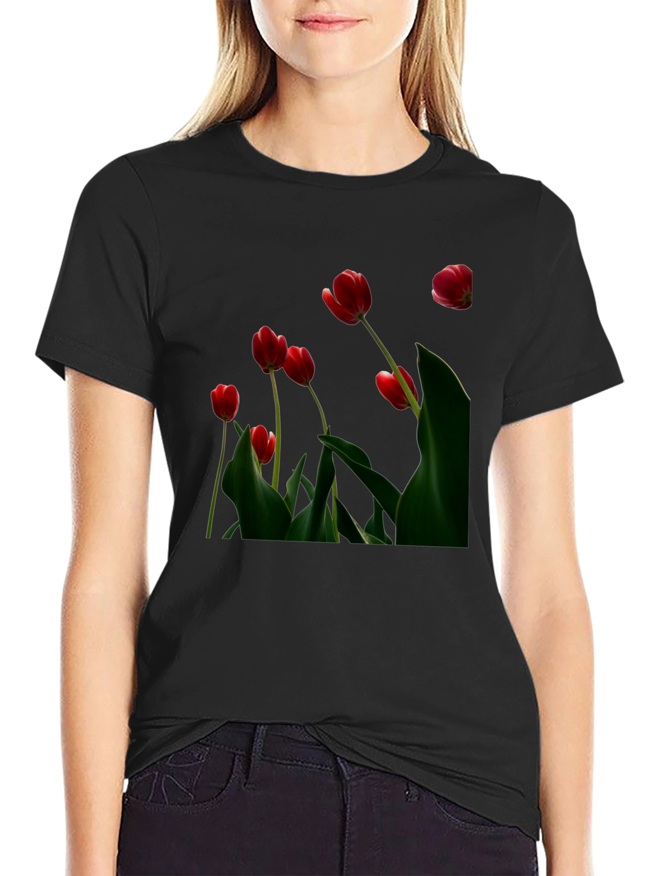 Red Tulip Print Black T-Shirt