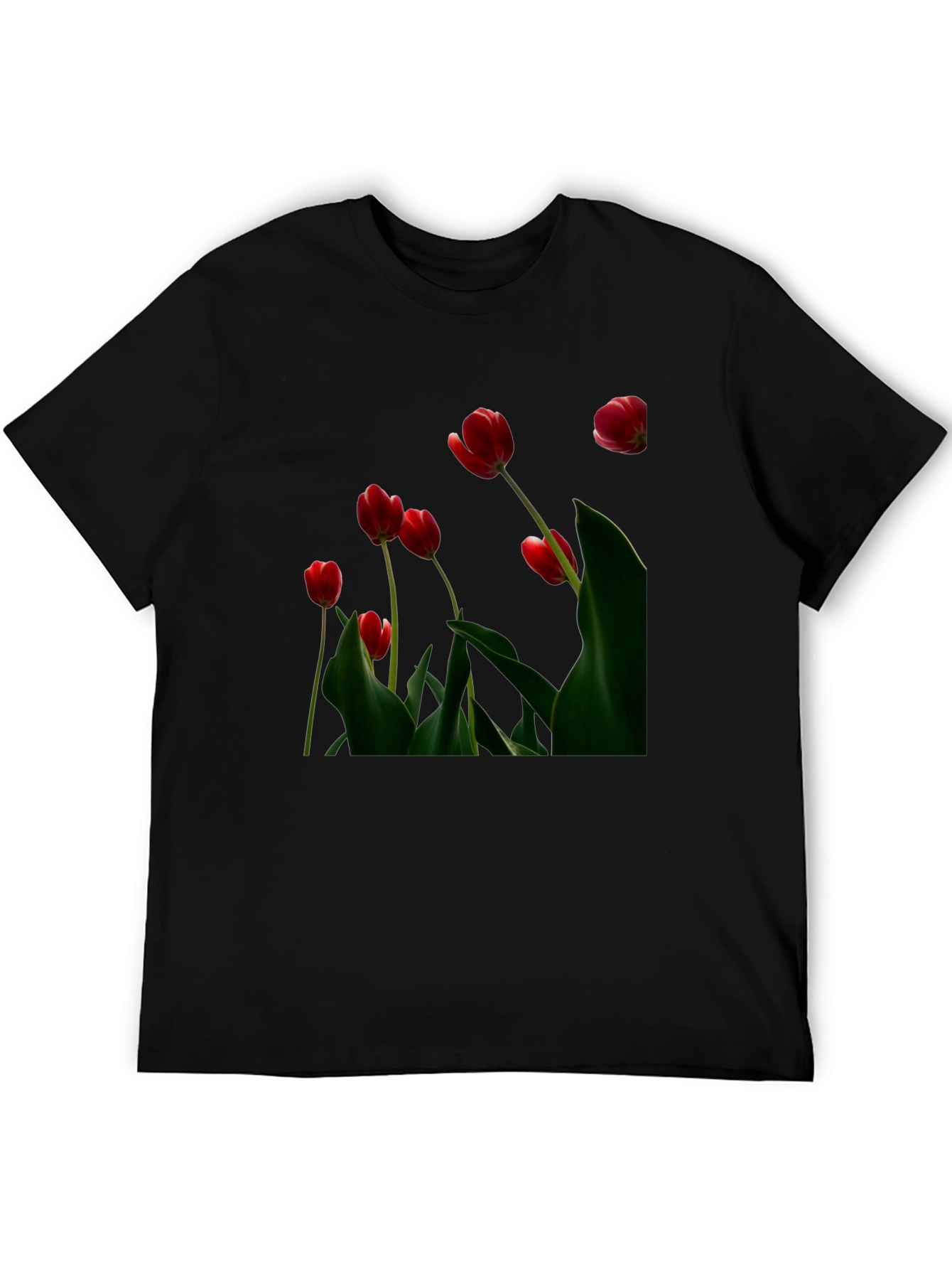 Red Tulip Print Black T-Shirt