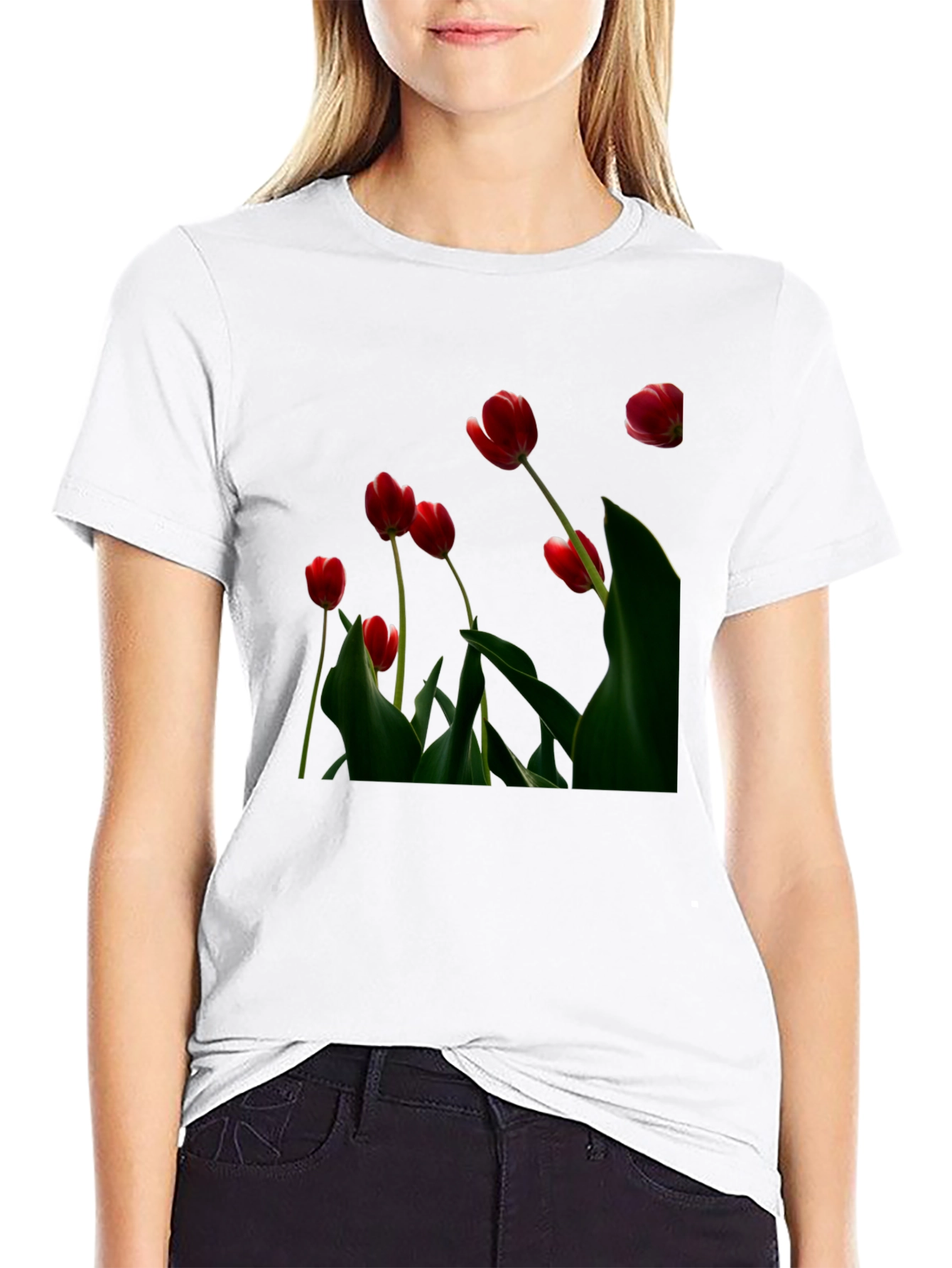 Red Tulip Print Black T-Shirt