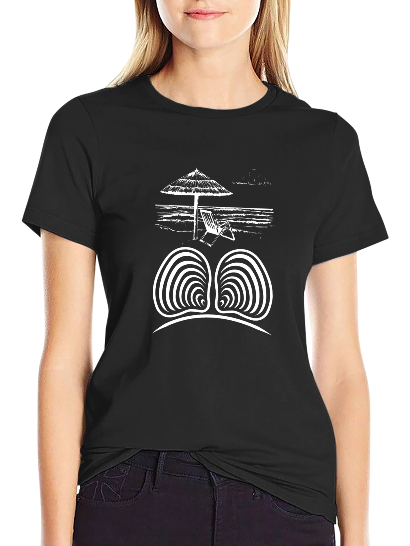 Black Beach T-Shirt with Optical Illusion Design