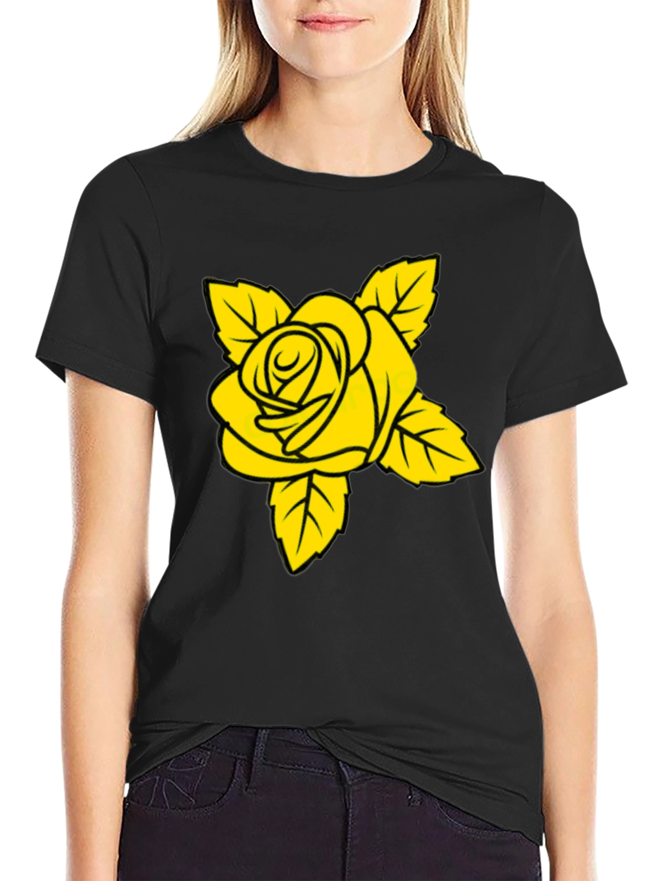 Black T-Shirt with Yellow Rose Graphic