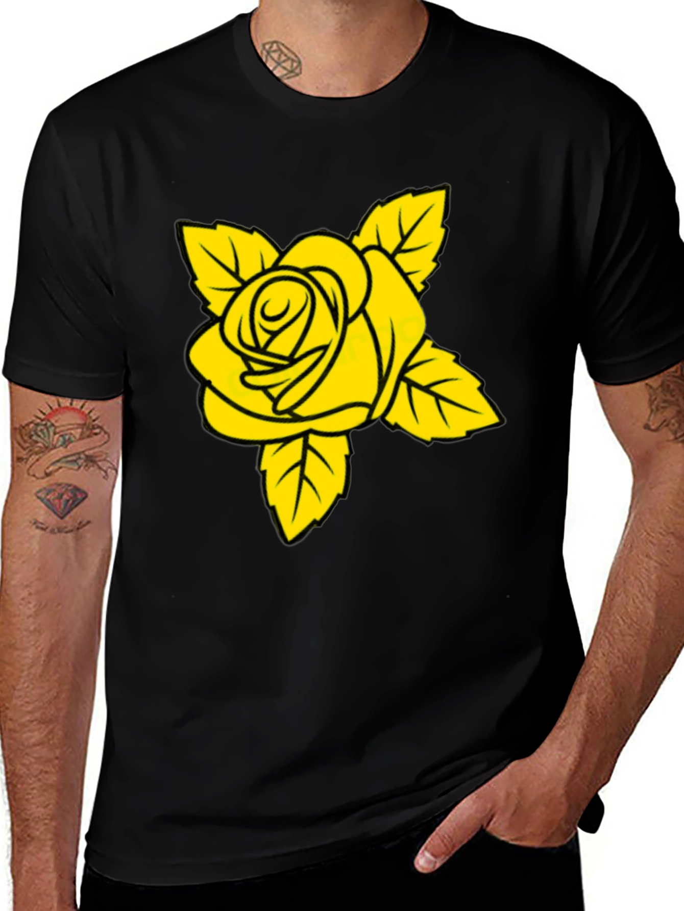 Black T-Shirt with Yellow Rose Graphic